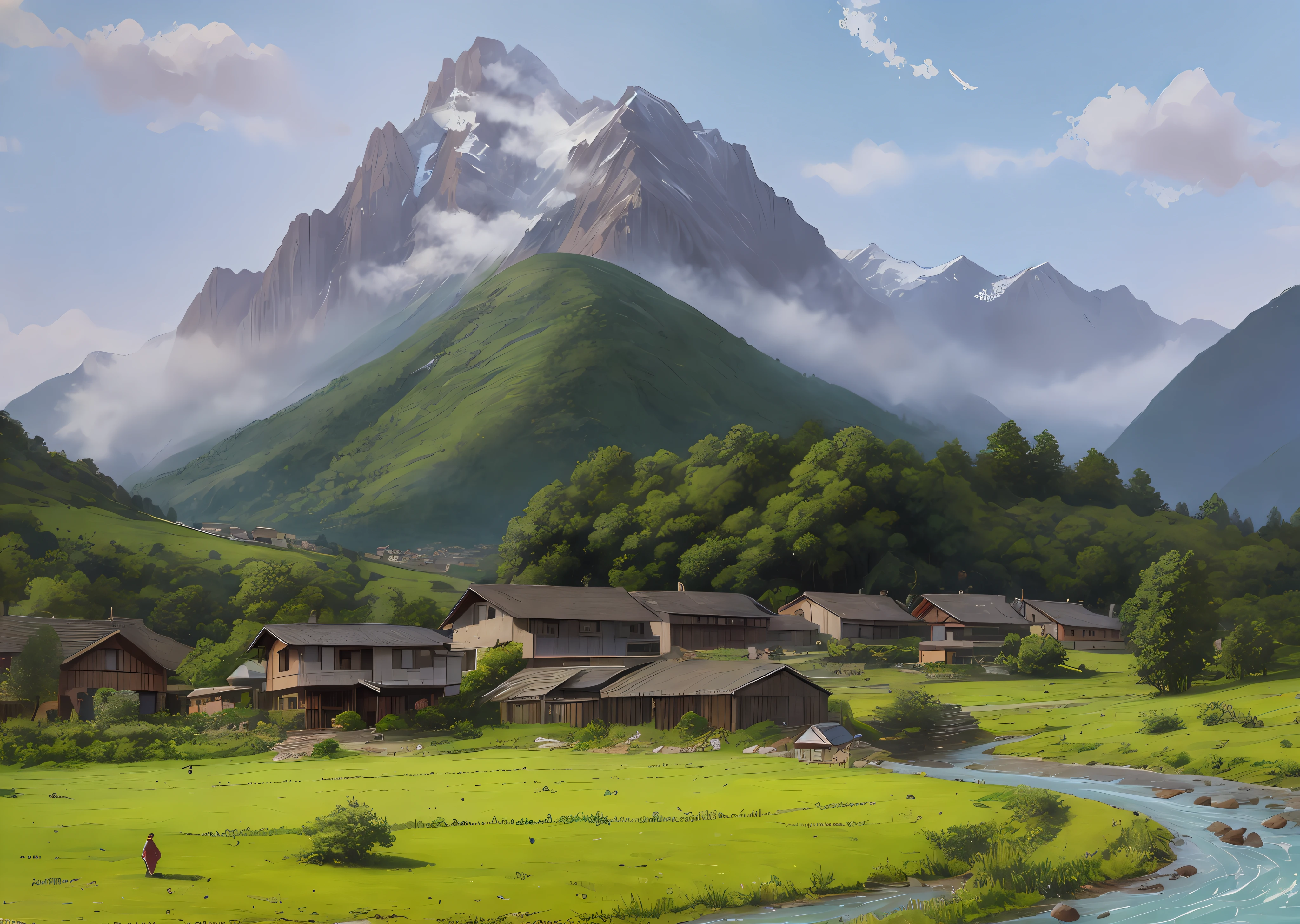 In the lower left corner is a small river，In the distance is a big mountain，There are many families at the foot of the mountain，Ancient buildings，In front of the house is a small field，Illustration style