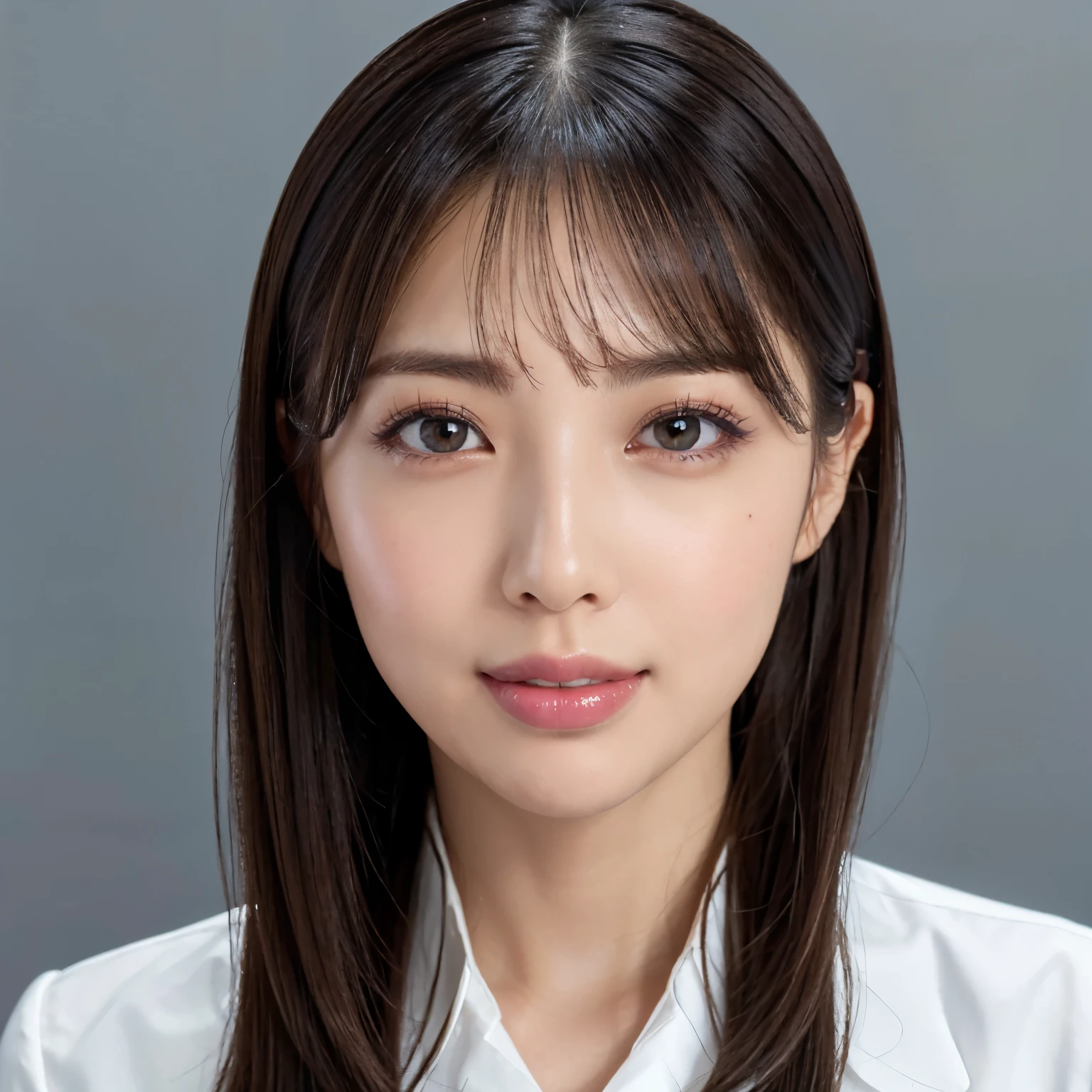 (highest quality、table top、8k、best image quality、Award-winning work)、1 Beautiful OL、straight medium hair、perfect bangs、(Woman wearing perfect navy business suit:1.5)、Polyester shirt、(The simplest single color background:1.3)、(Perfectly fixed to the front:1.3)、(Perfect frontal and horizontal portrait of a woman with adequate white space:1.3)、(Depicting a woman perfectly horizontally and frontally:1.3)、beautiful and detailed eyes、look at me and smile、(Upright photo above chest level:1.3)、(Please turn and look straight at me:1.3)、elegant makeup、Ultra high definition beauty face、ultra high definition hair、Super high-definition sparkling eyes、Super high resolution glossy lips、accurate anatomy、very beautiful skin、Super high-definition glowing beautiful skin、Graceful upright posture seen from the front