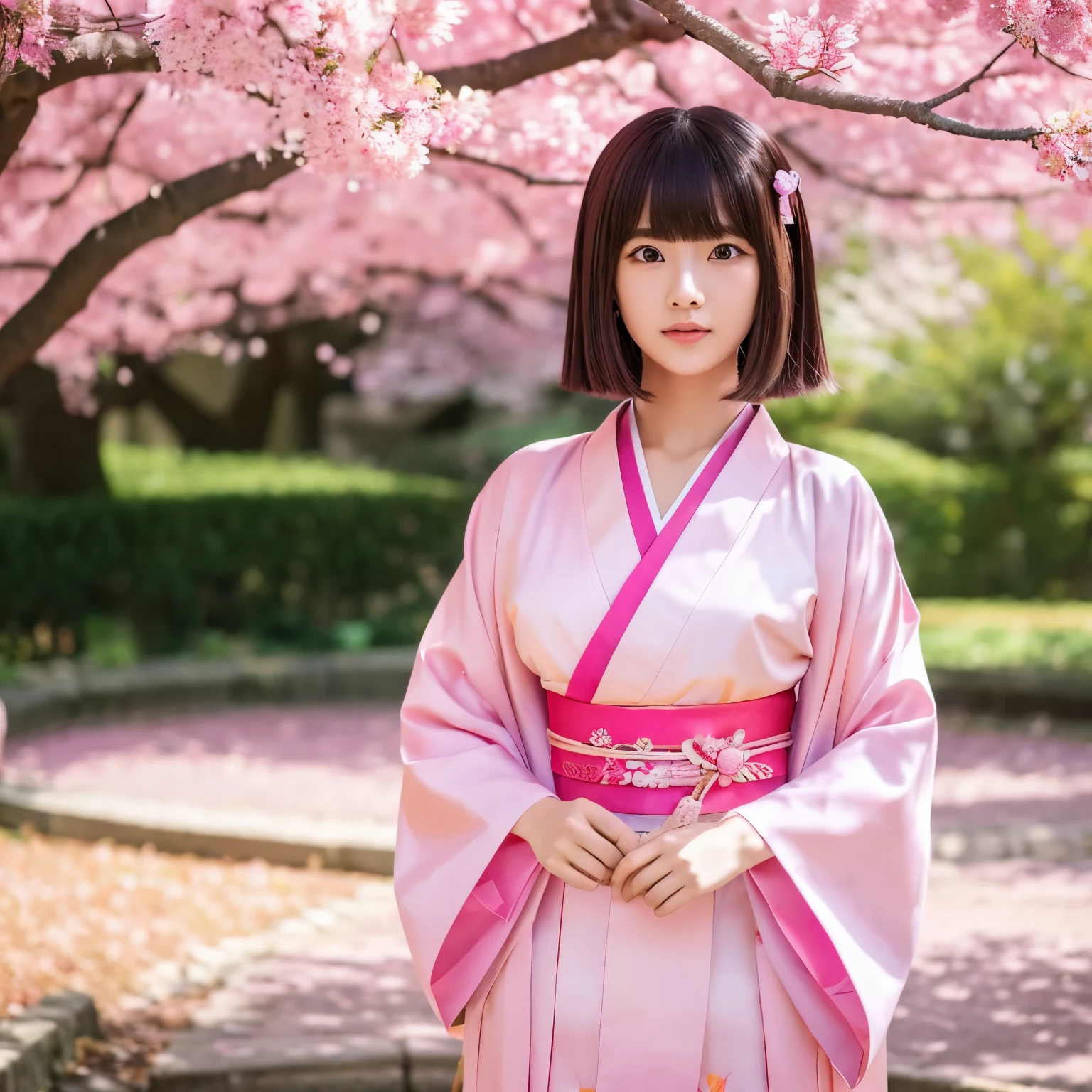 A anime girl wearinga a pink kimono and standing beside a pink tree she has a dagger in hand