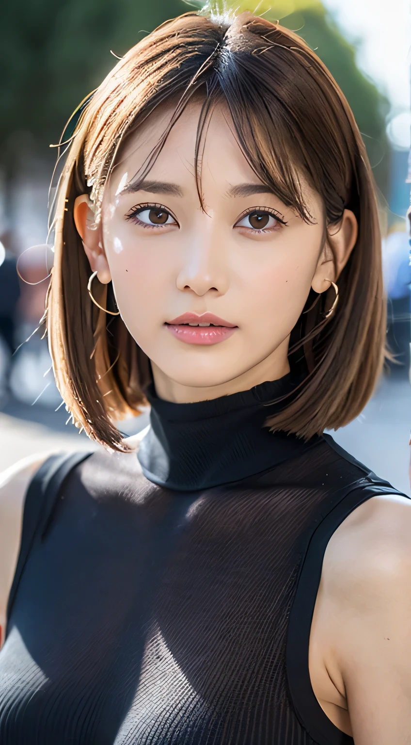 1 lady, Face, medium chest, light brown hair, blunt bangs, hair behind ears, hair past shoulders, long hair, Slender body shape, Super thin Face, Face slimming, delicate lips, beautiful eyes, thin blush, Eyes are light brown, Perfectly radiant skin, flawless skin, glistening sweat,Check it out here, Ultra thin, Super thin fingers, The optimal ratio of four fingers to one thumb, (actual:1.3), Transparent turtleneck short vest white. amusement park, one person'the opinion of, Fujifilm, F/1.2, 8k, on the table, north african trade zone, Super detailed, high quality, best quality, high resolution