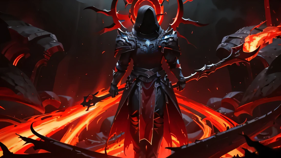 4K, enlargement, dark、soul、scary、pang、Life and death、brighter、devil、trial、Salvation、psychedelic、flame、Ice and snow、Splendor、occult,red magma,fiery red feet,Light and shadow effects,strong contrast,fence,angle of looking up,portable weapon