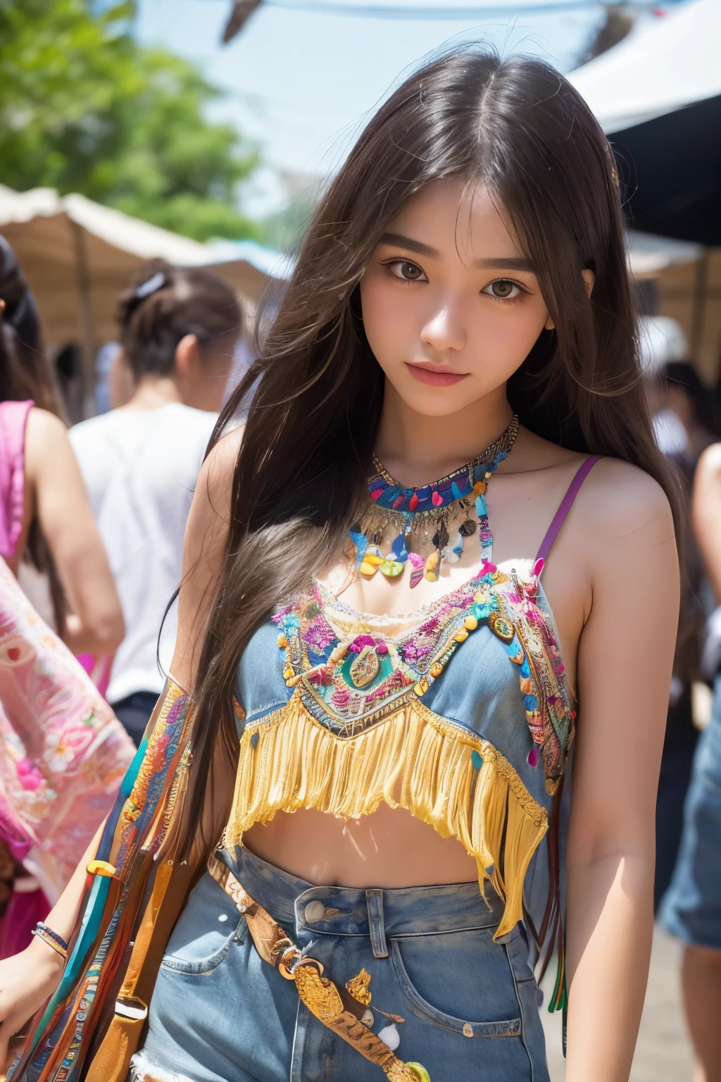 (8k, highest quality, ultra detailed:1.37), (Dina), 18yo, (a free-spirited Javanese girl), embraces the bohemian festival atmosphere. She wears a boho-chic embroidered top with denim shorts and accessorizes with feathers and beads. The high-resolution image captures ultra-detailed realism, highlighting Dina's captivating eyes, long eyelashes, and smooth complexion. The vibrant festival setting adds an energetic and colorful backdrop to showcase Dina's carefree and artistic personality.