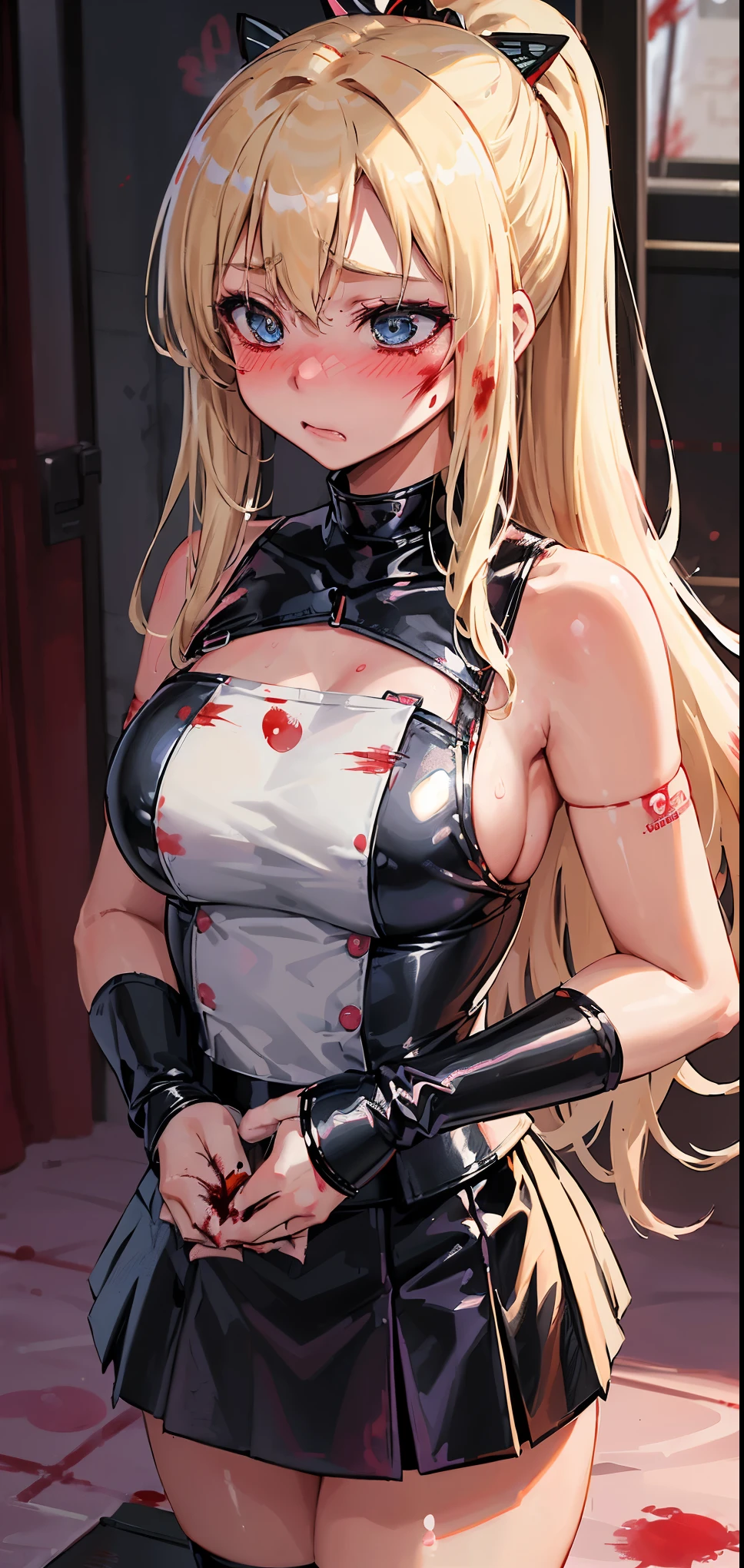 Seina Kashiwazaki, 1girl in, a blond, ponytail, butterfly hair ornament, (medium breast), (((blood on face, blushed, masseecare))), blood, sadistic girl, (black latex shirt, sleeveless,black latex skirt). 
