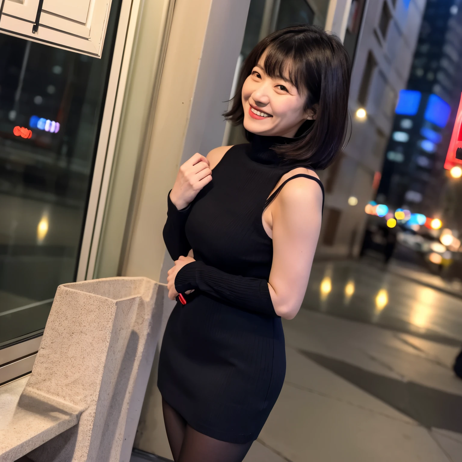 45 years old　Married woman　Height 150cm Weight 50g Short hair　Bust E cup　Yukiki Uchida　white tight knit dress　　black tights　Foot night　Downtown sex appeal　lure　Years on　A calm and smiling meeting　Standing in honor