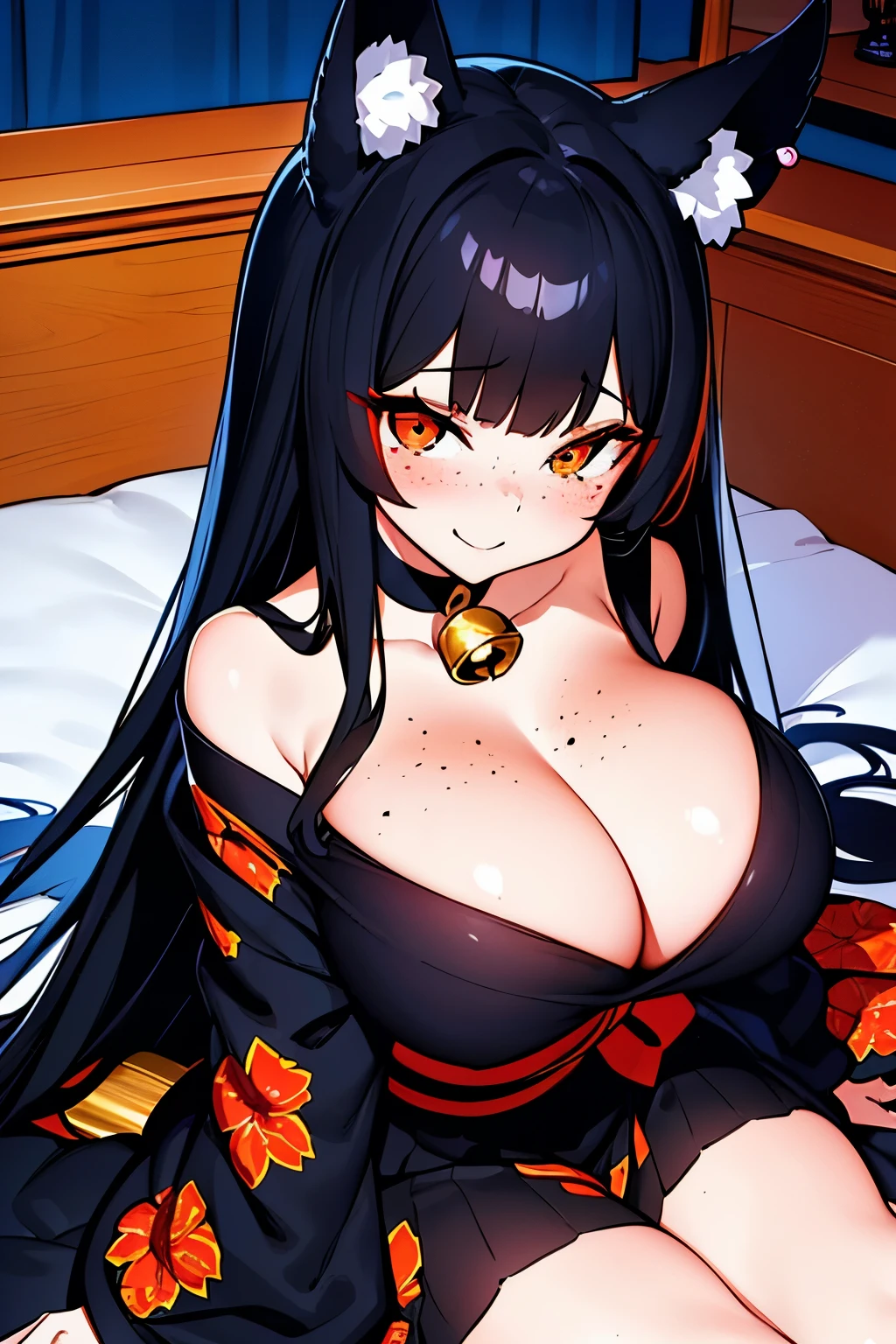 a beautiful and stunning woman with long, wavy dark black hair and red eyes, wearing a black kimono with a red floral print , orange fox ears, (( :3 )) , twin bells harpin, bell ornament hair, lying on the bed with a shy smile, red cheeks and light freckle marks only on her face, defined silhouette, big breasts, thick thighs, earrings of skulls, dark environment, dark colors, pastel tone, cold palette, sharpness, attention to detail, richness of details, cute aesthetics, cherry flowers decorating the hair