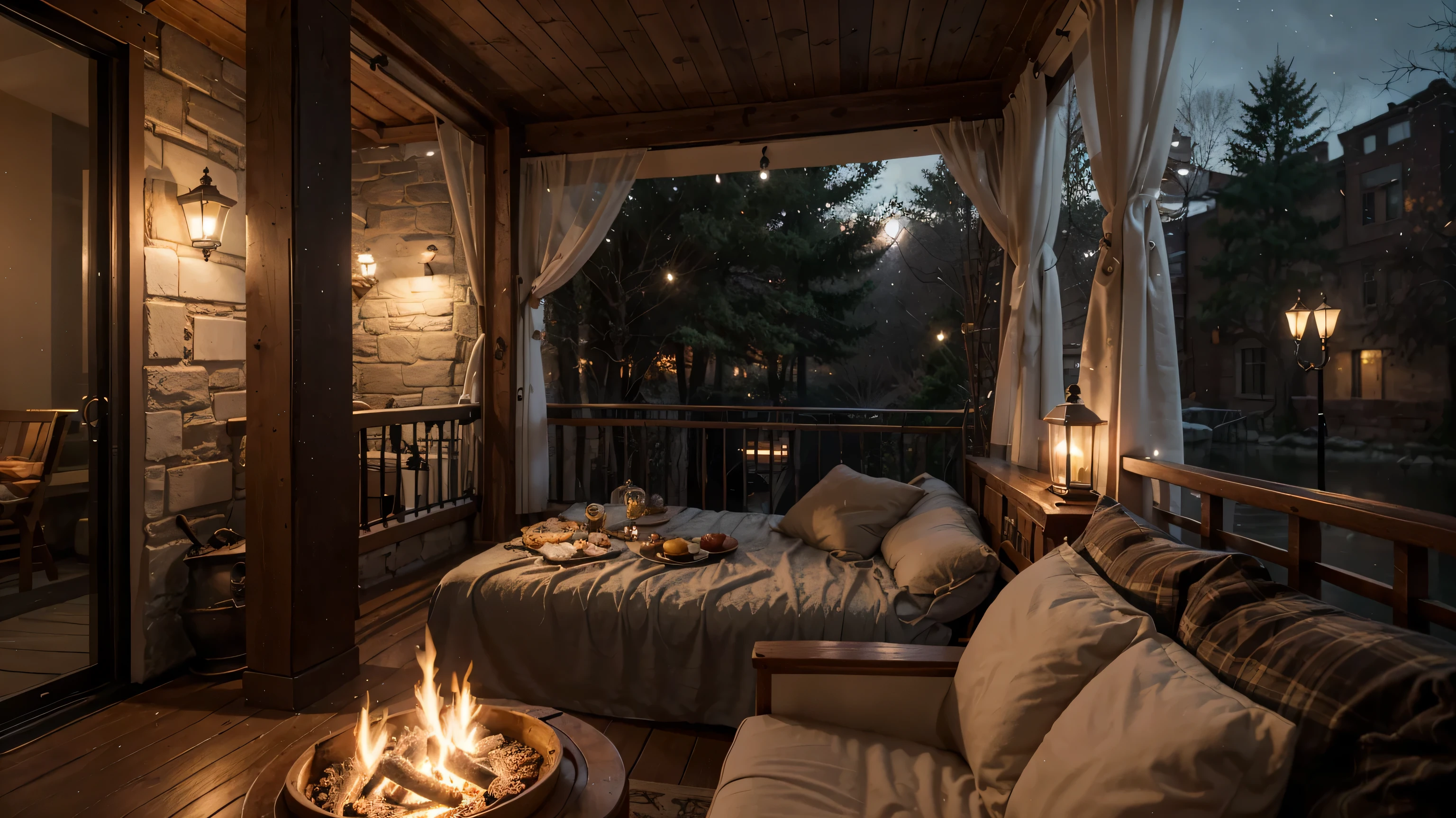 (balcony) outside coffee shop, winter river, one fireplace and bed, cozy place, books place, warm beautiful scene, cozy atmospheric, cozy environment, cozy setting, winter setting, cosy enchanted scene, very realistic, cozy atmosphere, cozy and peaceful atmosphere, cozy and calm, beautiful detailed scene, winter time, very very realistic, ✨🕌🌙, cozy wallpaper, unreal engine ; romantic theme