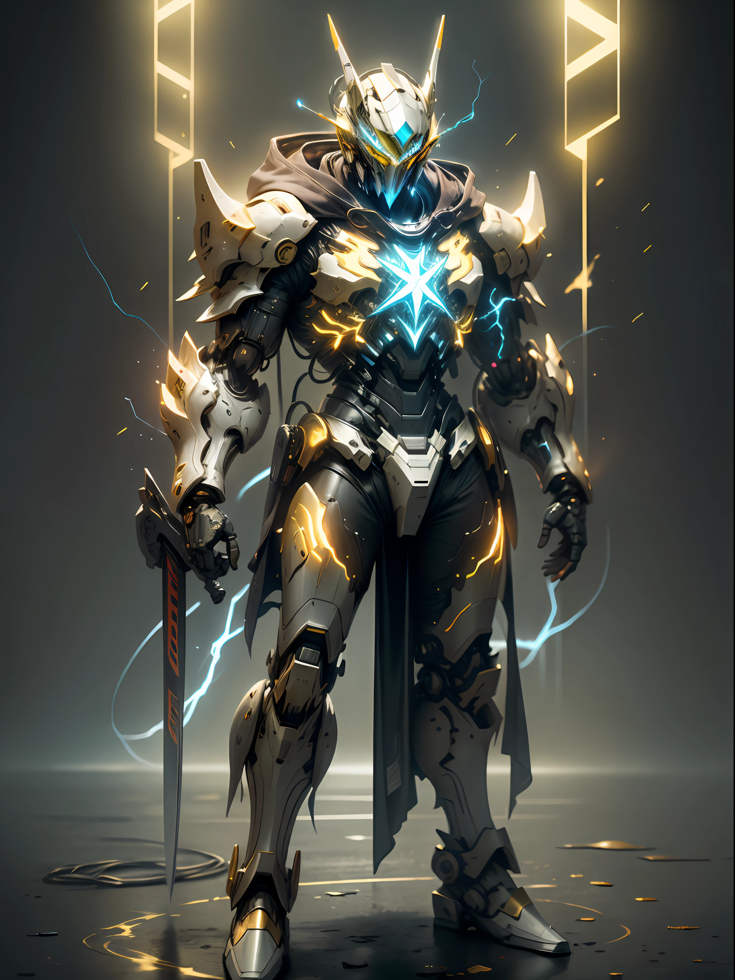 Golden Ghost Hunter, Assassino Fantasma Super Legal, Wearing Yellow mechanical Armor, Lightning around, portable katana, Front standing, Perfect body proportions, Super detalhe, Realista, brilhante, reflexivo, Bioluminescence, galactic cyber mask, mecha, (Carrasco: 1.2), capa, sh4g0d, Runas Brilhantes_vermelho, Corpo todo, filme, fundo escuro, retroiluminado, alto contraste,