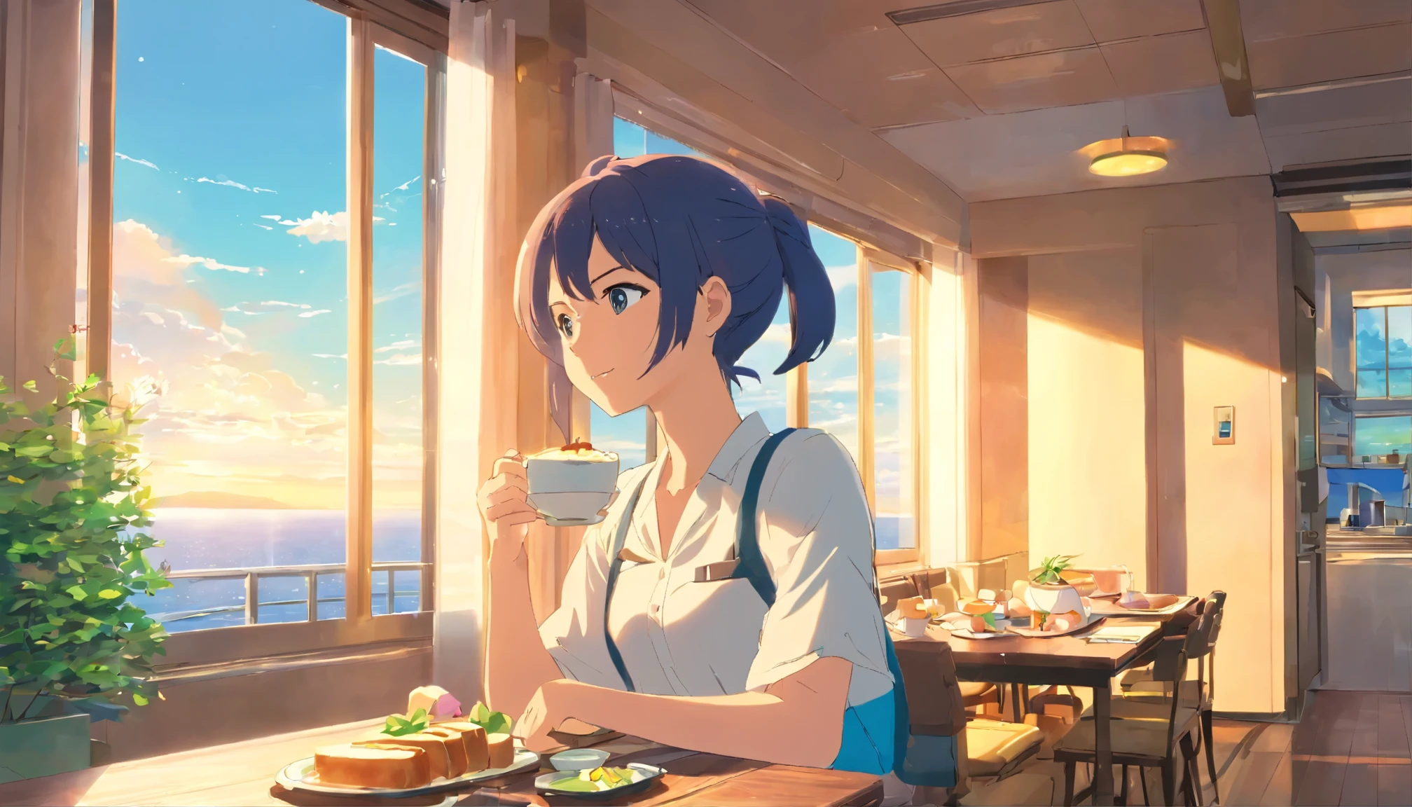 A refreshing afternoon、Large 1K apartment、refreshingな昼、young woman、business casual look、ponytail、dining table、Eating toast、coffee is placed、blue sky、Clear skies、refreshing、sunlight、refreshingなblue sky