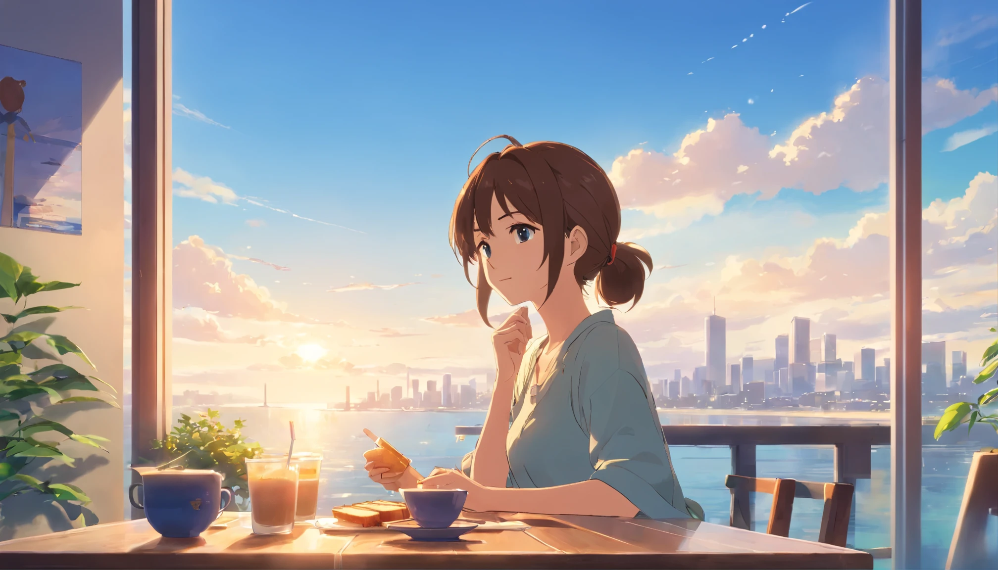 A refreshing afternoon、Large 1K apartment、refreshingな昼、young woman、business casual look、ponytail、dining table、Eating toast、coffee is placed、blue sky、Clear skies、refreshing、sunlight、refreshingなblue sky