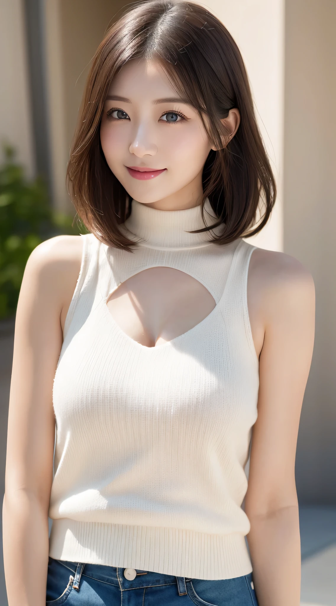 table top, highest quality, Photoreal, finely, High resolution, 8k wallpaper, perfect dynamic composition, beautiful and detailed eyes, medium hair, big and full breasts, random sexy pose,chest to chest、(Open Chest Mock Neck Crop Tank Top White Knitwear Clear Clave)、(Breast bulge 1.2)、laughter、open your mouth、resort scenery、25 years old、(droopy eyes 1.4)、adult beauty、Japanese