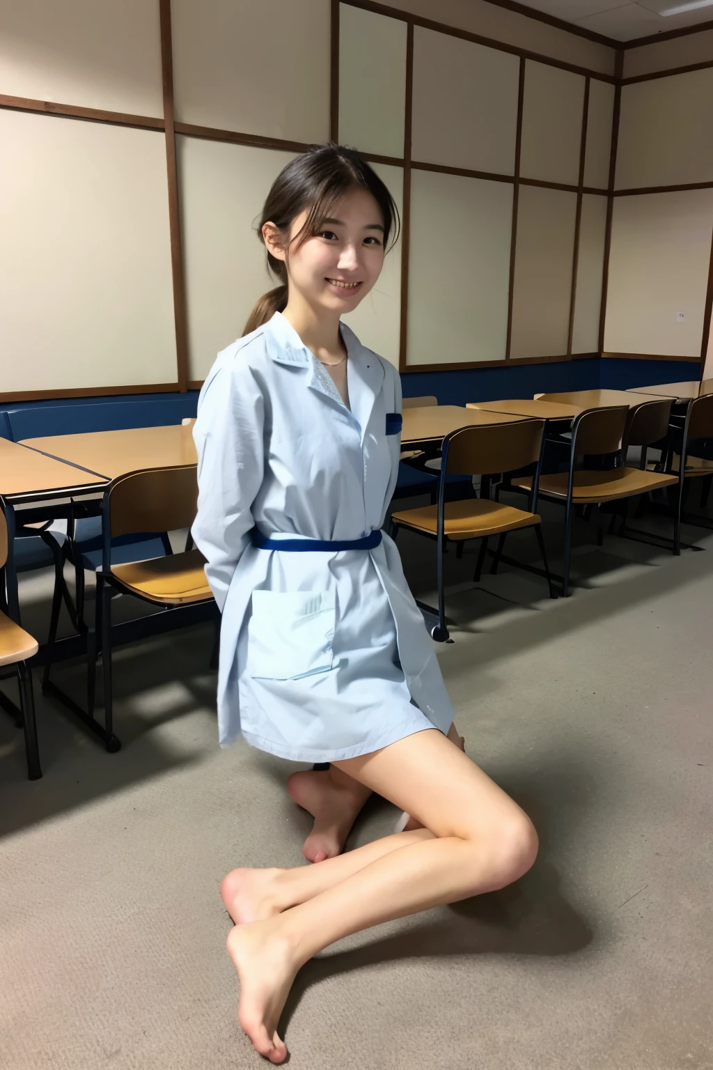 ((highest quality)), ((masterpiece)), (be familiar with), perfect face、female doctor、whole body、shortcut、itting cross-legged in the examination room

