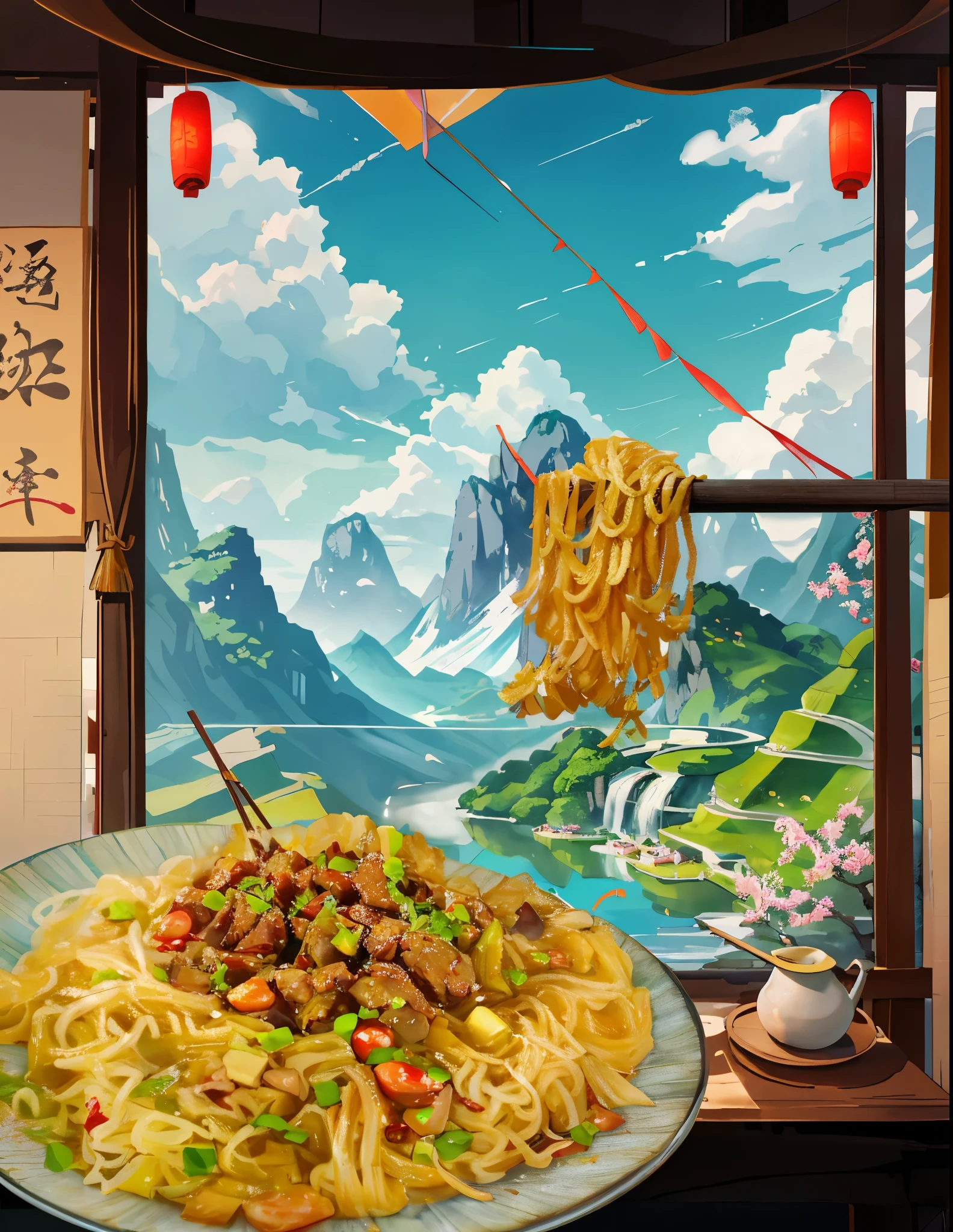 Ancient China、spring、jungle、lake、Wanlv Lake、Fall,that tree、grassland、rock、please、hot springs、hydrosphere、(revelation:1.0)、epic work、Realistic lighting、High definition details、masterpiece、best quality,(Very detailed CG unified 32k wallpaper)The earth begins to wake up,Rebirth。In this season full of life,Blue sky with few clouds,Ground lawn,There is a bowl of rice noodles on the mat,Pick up the rice noodles with chopsticks,Rice noodles curved and crystal clear, Rice noodles turn into lines and fly in the air,cover, Real photos of delicious pho, on a sunny day, beautiful sunny day, cheap, healthy, landscape in background, Background image, Rice flour paper texture, High quality product image”