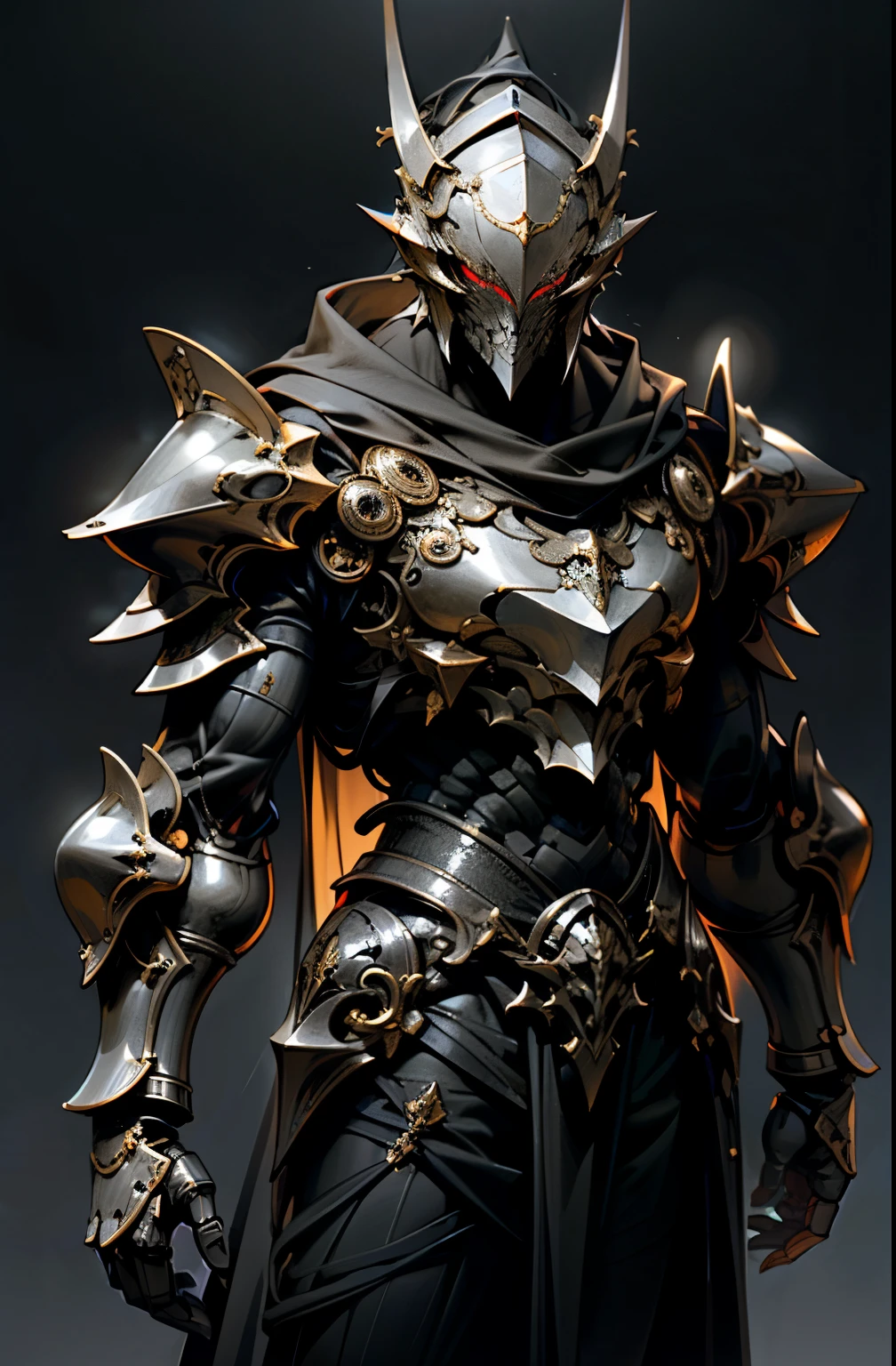 (masterpiece), best quality, ultra-detailed CG unity 8k wallpaper, standing, high resolution, (1boy:1.1), knight, dark armor, mask, red eyes, dramatic lighting, dark atmosphere, Dark_Fantasy