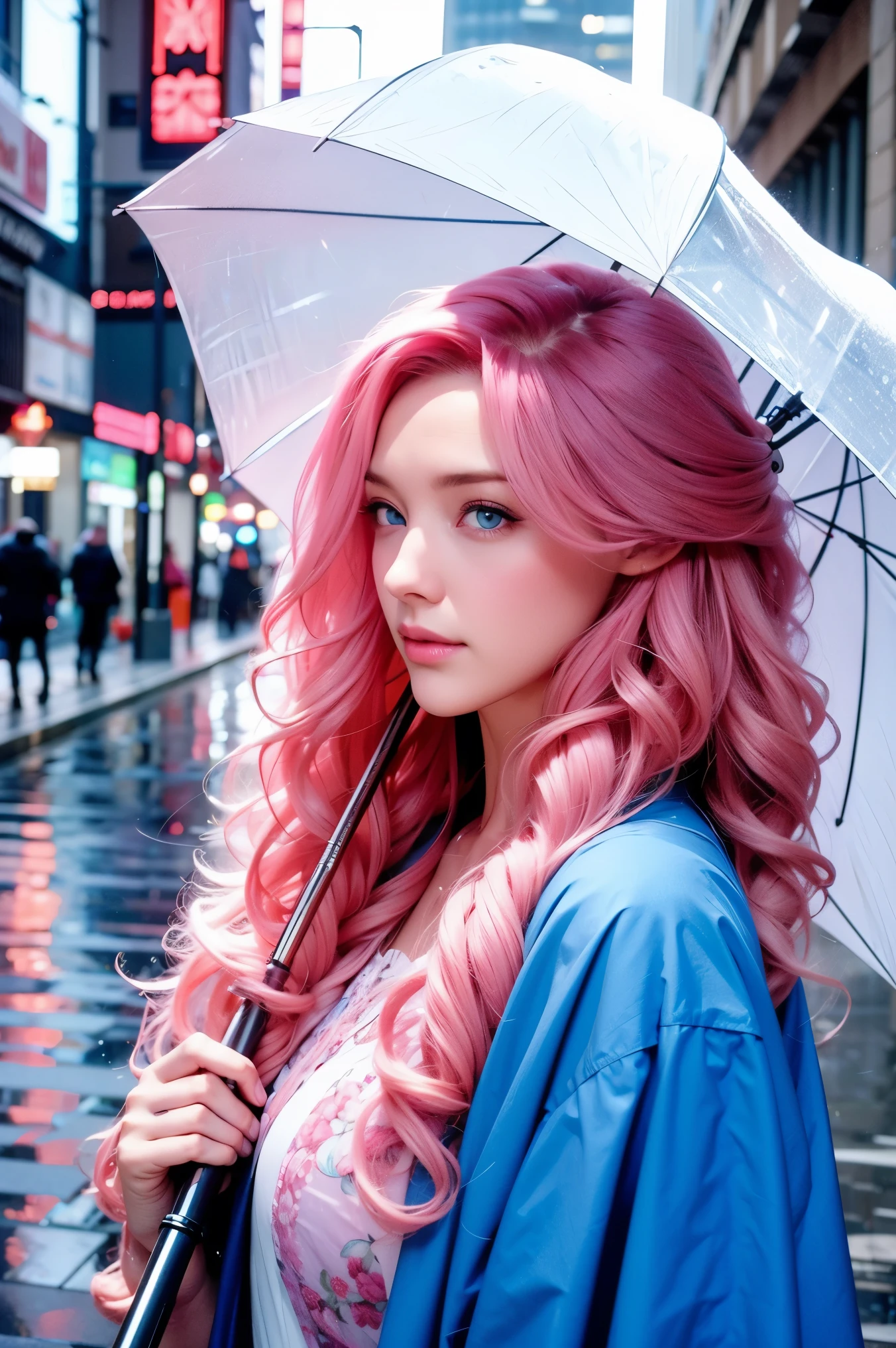 Woman, long curly hair, pink hair, blue eyes, holding umbrella, rain, city
