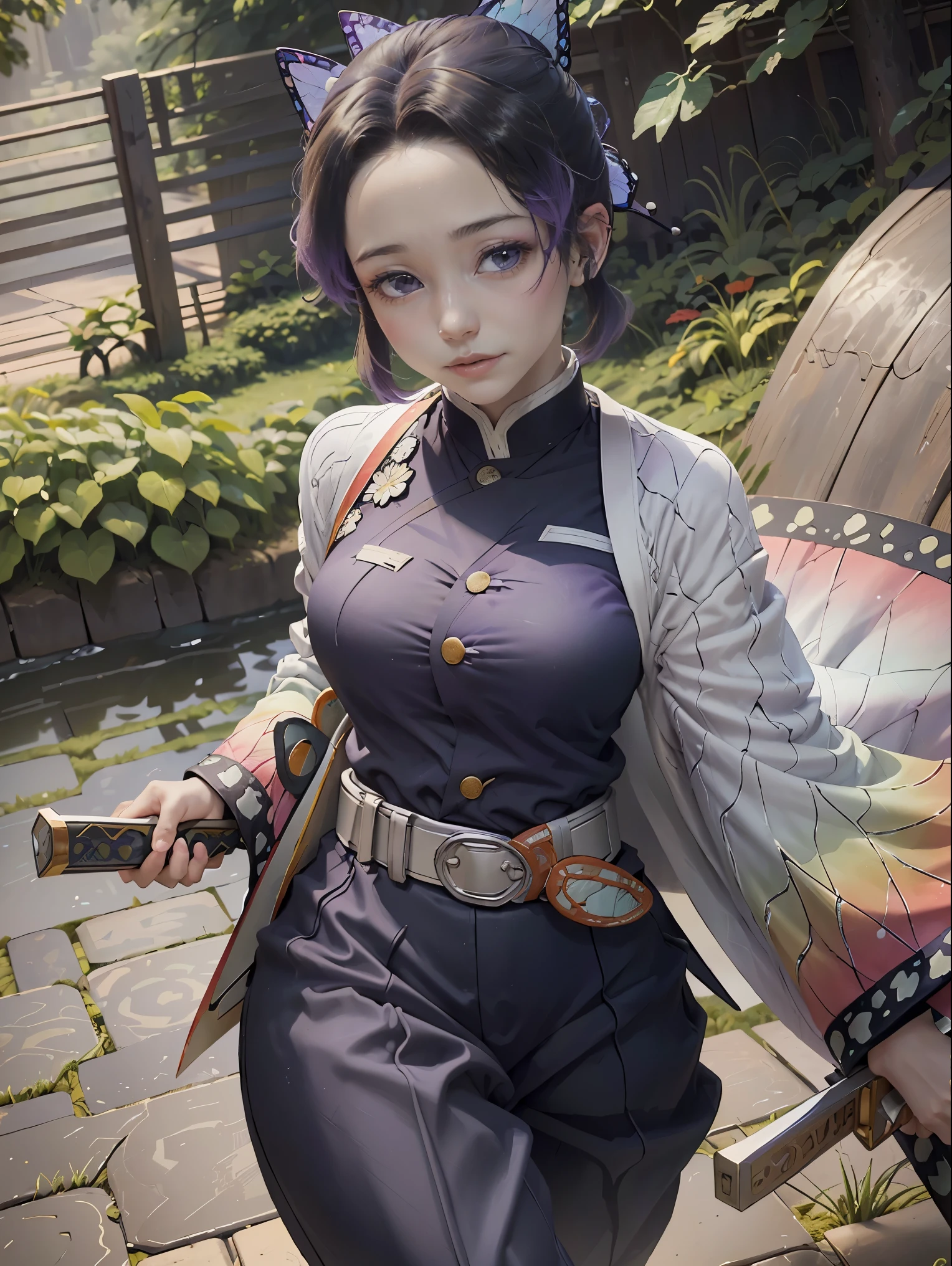 Hyper-realistic 8K CG,masterpiece,((Super detailed background, Exquisite pattern, intricate details)),best quality,very detailed Face,extremely detailed eyes and Face,extremely detailed eyes,Section Chief Ren,colorful hair,no bangs,hair intake,purple eyes,forehead,black shirt,Black pants,Haori,Butterfly,buttons,belt,(garden:1.2),purple flower,chibi,cloudy Sky,Sunlight,Tyndall effect,slope_Sky,Face,Gorgeous Sky,waist knife,Charming gesture, Hyper-realistic 8K CG, masterpiece, close up, (weapons in hand: 1.2), (attack: 1.2), beauty, goddess, from the front, Face sticking out, (Super detailed background, Exquisite pattern, intricate details)), high quality, highly detailed Face, highly detailed eyes and Face, highly detailed eyes, Fluttershy Ninja, colorful hair, no bangs, hair intake, purple eyes, forehead, black shirt, Black pants, (Haori, Butterfly: 1.3, button, belt), (garden: 1.2), purple flower, chibi, cloudy Sky, Sunlight, Tyndall effect, slope_Sky, Face, gorgeous Sky, Waist saber,