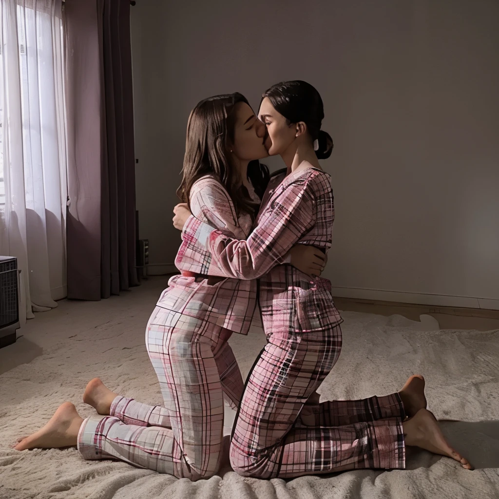 Sleepover party for girls, 8K, ultrarealistisch, Filmabend, plaid pajama pants and barefoot, bauchfreies T-Shirt, hugging, Viel Spass, Kissing