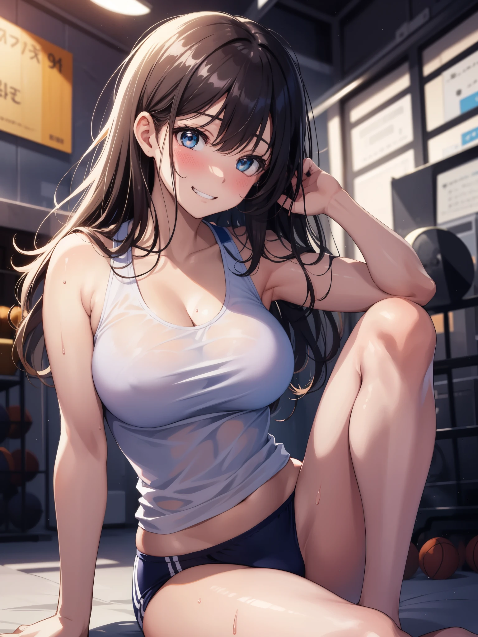 ((Masterpiece)), ((Best Quality)), (Ultra-detailed), ((kawaii)), Cute, (Lovely), ((Sexy)), (Ero), ((Extremely detailed)), 4K, (8K), Best Quality, (Beautiful), realistic, real, anime illustration, Anime style, Painting, full body, have a certain air of s, Dynamic Angle, cowboy shot, gym storeroom like a drama, sit on, (spread one's legs), gradation, full body focus, a cute girl, girl, 1girl, (Solo), (gym uniform:1.2), (see-through), beautiful anime face, (beautiful Brown hair color), (random color eyes), ((Beautiful eyes)), random hair style, (White-skinned:1.3), (huge breasts:1.3), Erect nipples, (sweat), (smirk), grin, (blush:1.5), opening, sparkling effect, Lens Flare, shiny-glistening, gleaming