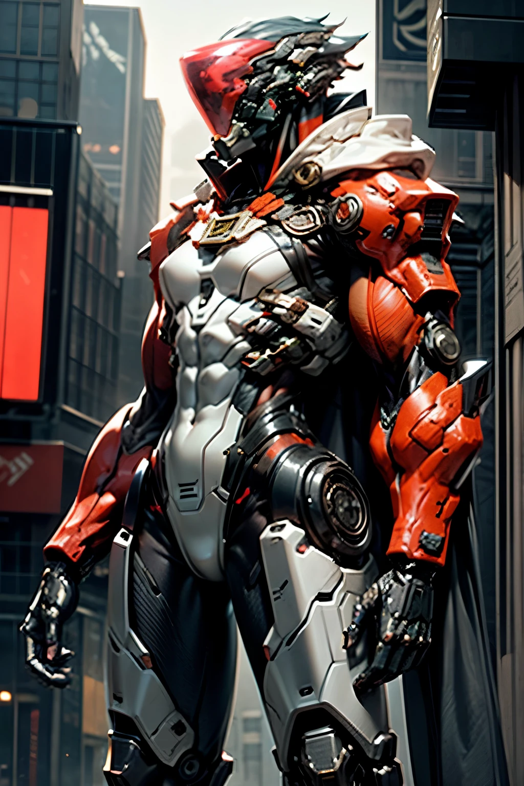 (((An epic and visually stunning digital anime masterpiece:1.5, art piece featuring a ((mid 30’s feminine male:1.5)) elegant military mechanical ((demon)) soldier clad in a sleek yet tactical decorated military trench coat:1.5))), (((flat masculine male chest, beautifully elegant military mechanical mecha head with elegant mechanical mecha face:1.6, narrow orange bar visor:1.5))), (((the character is clothed in a scifi tactical double breasted trench coat with a built in exoskeleton:1.6))), (((over a form fitted armor plated yet super sleek and sensually revealing under suit, waist and thighs exposed:1.6))), ((The image showcases the intricacies of the character’s armor and clothing:1.4)), ((capturing their flamboyant feminine essence and heavy mechanical art deco aesthetic:1.5)), ((The character also possesses a more masculine androgynous charm:1.4)), (((with a toned yet heavily muscled gorgeous feminine physique:1.4, a sleek waist:1.4, mesomorphic mechanical muscular torso, toned yet beautifully sleek mechanical arms and legs with thick thighs:1.6, mechanical muscles))), ((looking at viewer)), (((brass metal armor and brown leather))), ((((depth of field, cinematic lighting, chromatic aberration, ray tracing, UHD, masterpiece, top of head covered, super detail, high details, high quality, award winning, 8k, highres)))), (((dieselpunk:1.4, decopunk:1.4, artificial muscle:1.5)))