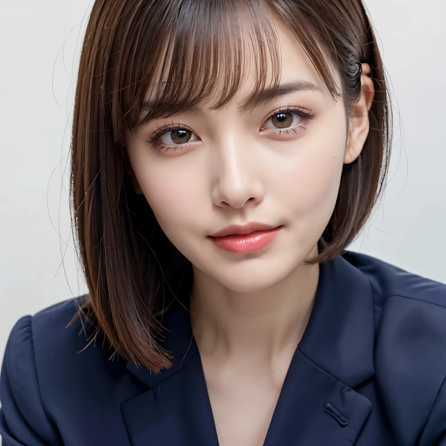 (highest quality、table top、8k、best image quality、Award-winning work)、1 Beautiful OL、straight short hair、perfect bangs、(Woman wearing perfect navy business suit:1.5)、Polyester shirt、(The simplest single color background:1.3)、(Perfectly fixed to the front:1.3)、(Perfect frontal and horizontal portrait of a woman with adequate white space:1.3)、(Depicting a woman perfectly horizontally and frontally:1.3)、beautiful and detailed eyes、look at me and smile、(Upright photo from the chest up:1.3)、(Please turn and look straight at me:1.3)、elegant makeup、Ultra high definition beauty face、ultra high definition hair、Super high-definition sparkling eyes、Super high resolution glossy lips、accurate anatomy、very beautiful skin、Super high-definition glowing beautiful skin、Graceful upright posture seen from the front、very bright