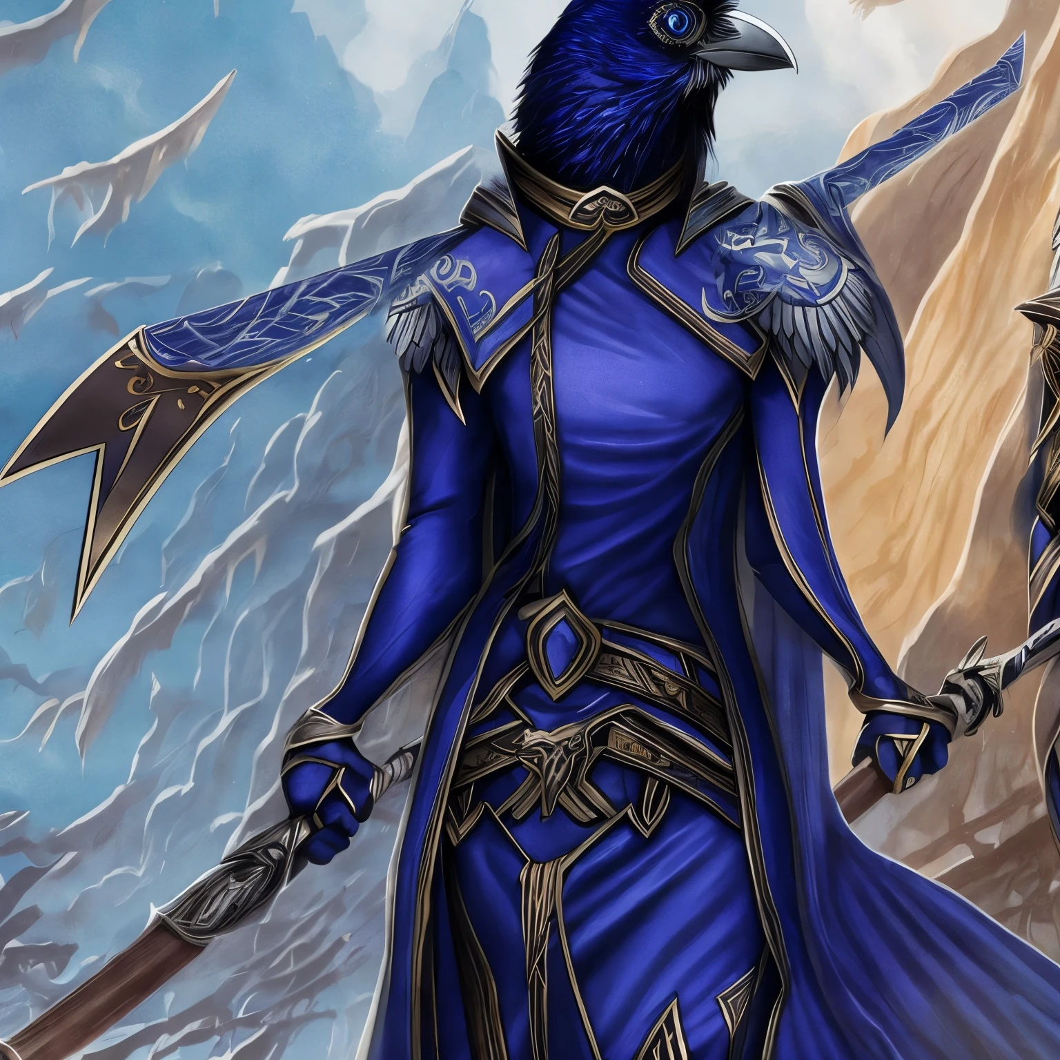 Female raven girl bard with blue eyes