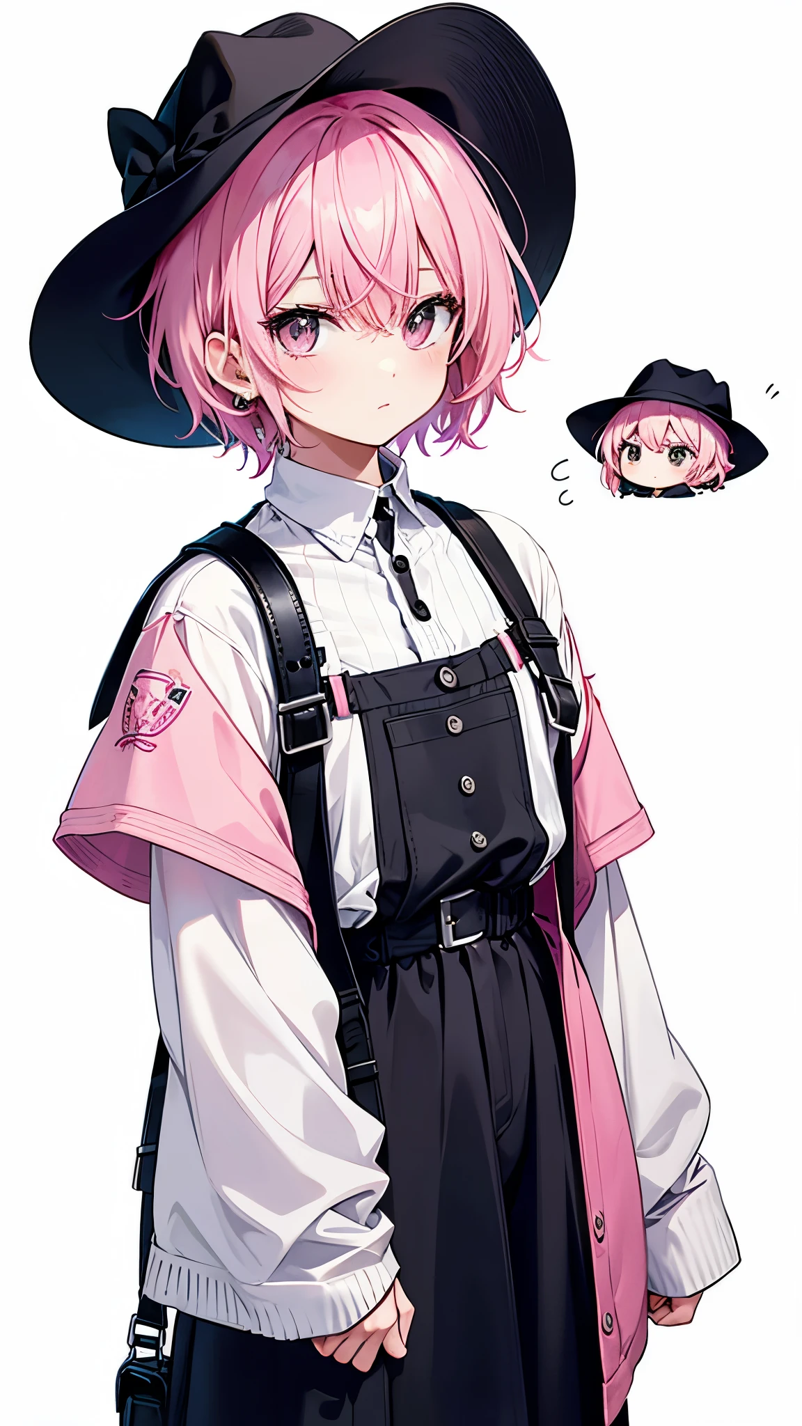 Two dimensions,one person,pink short hair,black eyes,Wearing simple western clothes,blank background