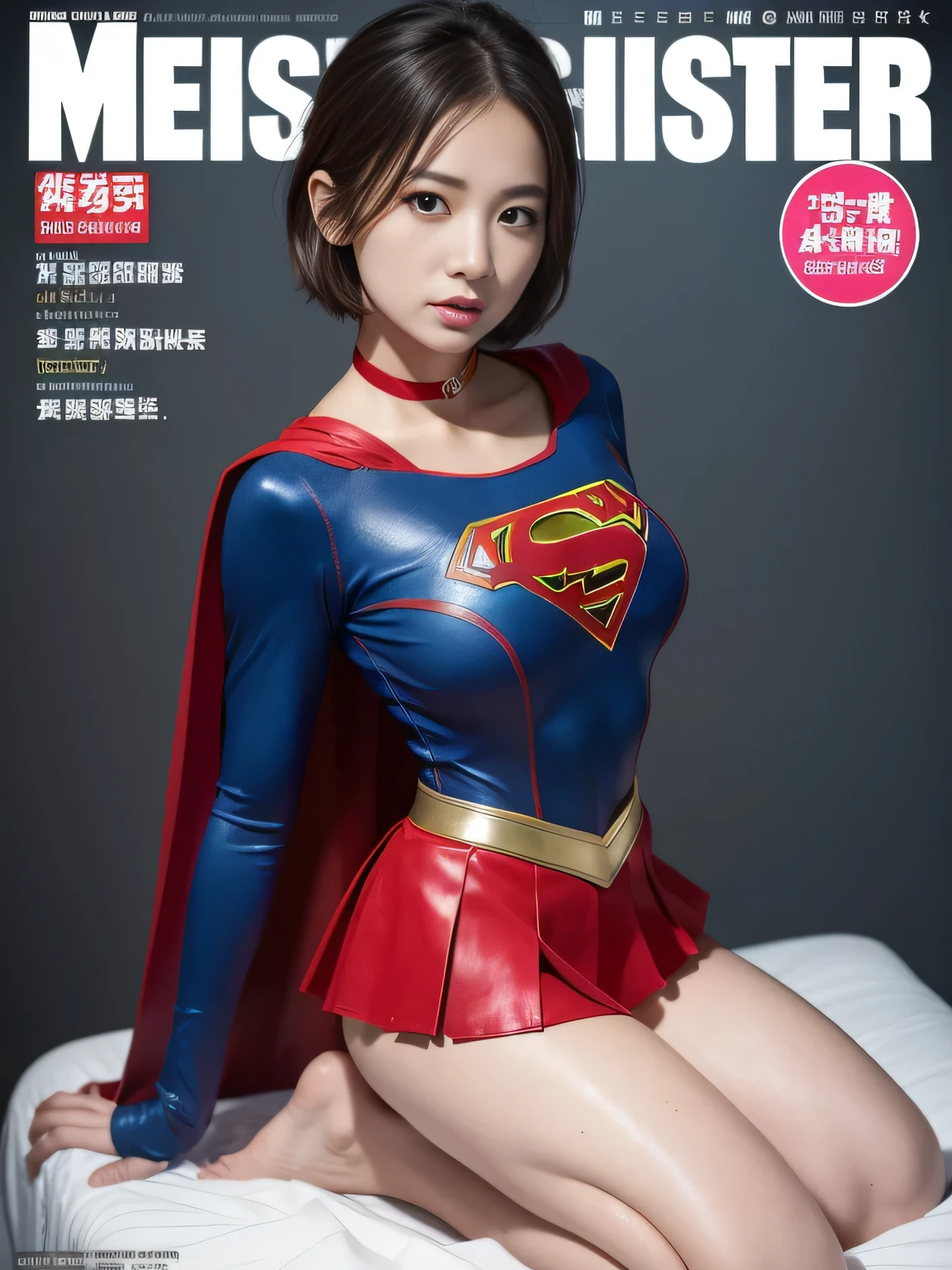 masterpiece,supergirl costume, short hair, barefoot, big and full breasts,operating room、operating table、straddle、damaged、shiny、look at the camera、provocation、Estrus、choker、Weekly magazine cover、long sleeve、red mini skirt、obscene pose、Seduce