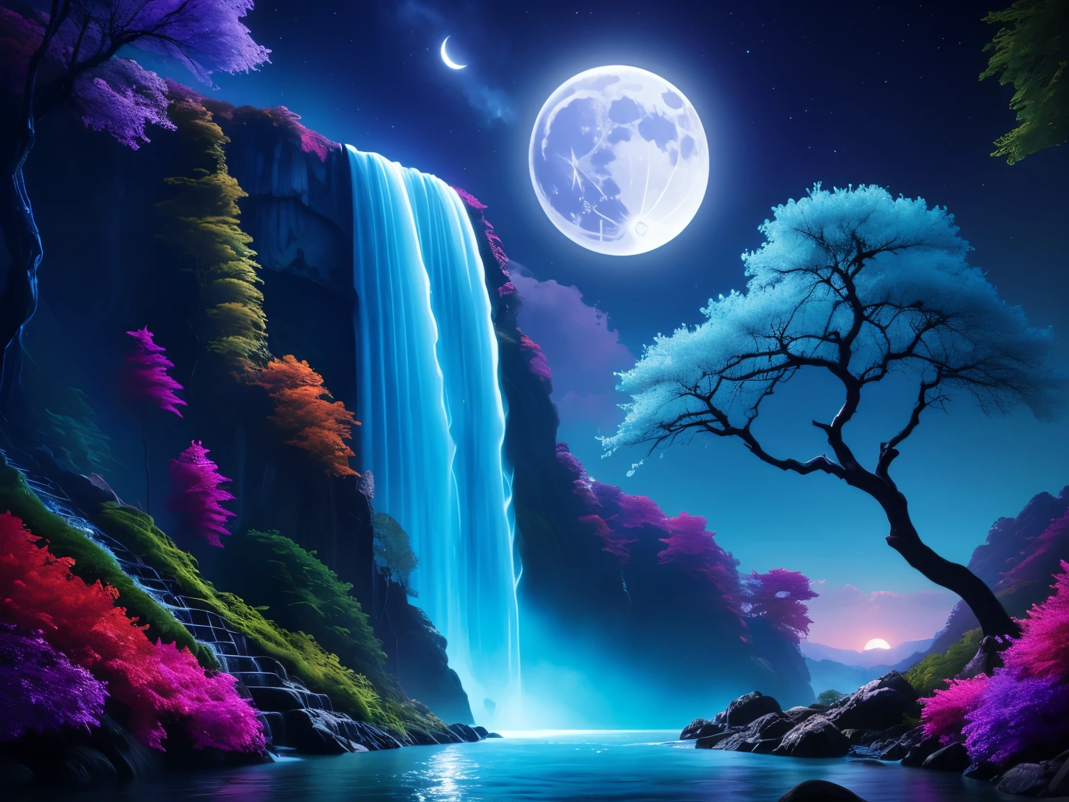 il y a une cascade au milieu d'a forest with the full moon, bel art uhd 4k, Beau clair de lune night, belle cascade paisible, work of'breathtaking art in 8,000, Epic dreamlike fantasy landscape, Beautiful detailed fantasy, beautiful superbe cascade, Beau fond d'screen iPhone, Fond d'screen vertical 4K, Fond d'screen vertical 4k, Beau fond d'screen, Beau clair de lune, superbe cascade