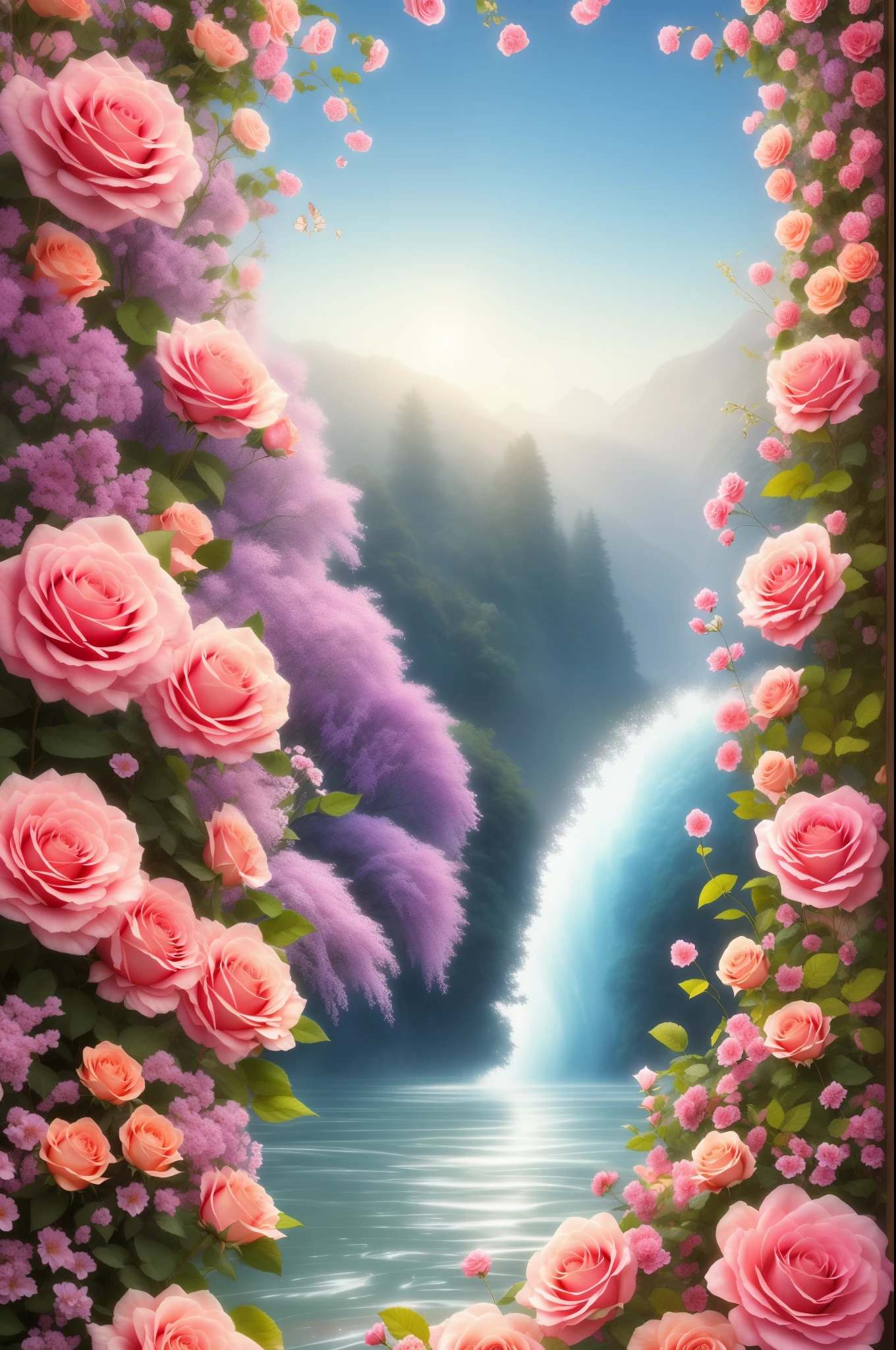 Fancy elegant botanical rose floral maximalism with a wave of fresh flowers garden flowers flowing floating in soft mist pink, water, Soft apricot, Massive smoke and realistic flower fractals, octane rendering, josephine wall art, Isabel I went, let, Amy Brown