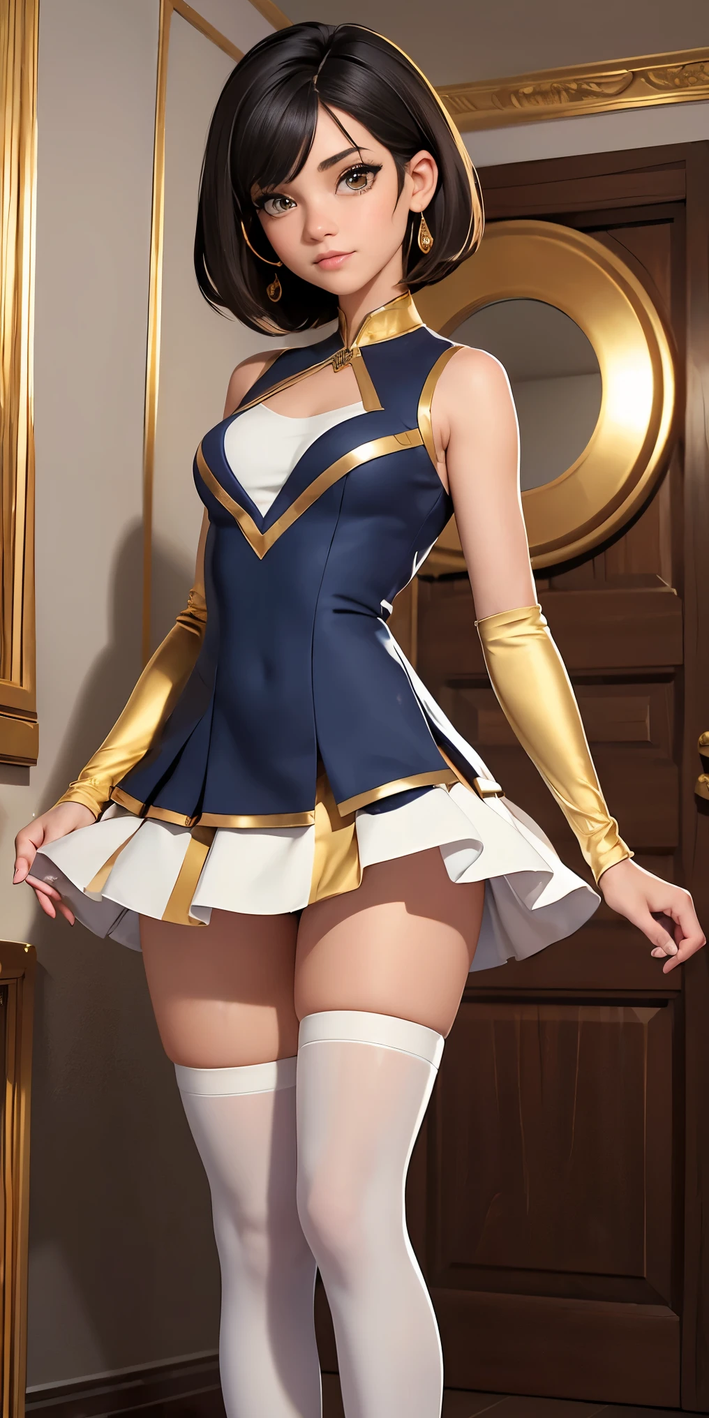((((masterpiece)))), high quality, very_high_resolution, large_filesize, full color, gold eyes, brown eyes, cute, adorable, beautiful, high contrast, 5 fingers, slim body, bobbed haircut, hoop gold earrings, black hair, small breasts, full body display, blue white and gold cheerleader outfit, white thigh high socks, 18 year old, realistic, detailed eyes, perfect eyes, beautiful eyes, detailed iris, eye liner,