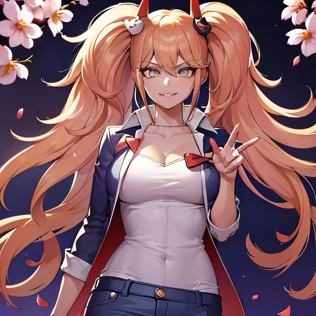 (anime style),masterpiece, best quality, ultra-detailed, glistening shiny, glowing light, ray tracing, HDR, deph of field, (perfect face, detailed face, detailed eyes),(medium :1.2),8k,HD,ultra realistic face,ray tracing,perfect lighting,best quality, ultra-detailed, shiny eyes, (looking at viewer,sensual smile:1.1), ((1girl)), (gyaru, mature female:1.4),cowboy shot,
power,long hair,sharp teeth, demon horns, red horns,symbol-shaped pupils,((gradient hair)),multicolored eyes, gradient eyes, (glowing eyes:1.1), mascara, (fashion make up), parted lips,collared shirt,open coat, blue coat, blue jeans,
((school, school gate, cherry trees, cherry blossoms, flying petals)),complex background,((super detailed background)), sensual poses, ((8k wallpaper)) ,