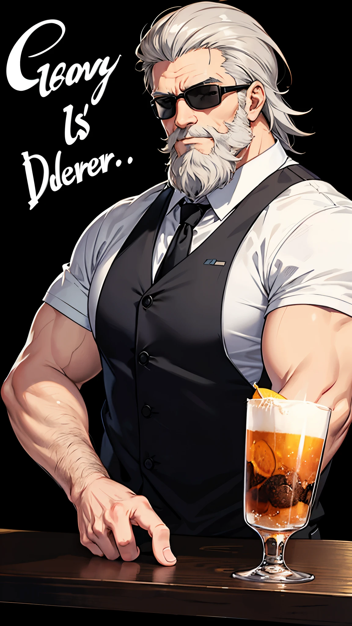 Two dimensions,one person,bartender,mature male,have a beard,gray hair,Strong figure,bar clothes,With black eye patch,blank background