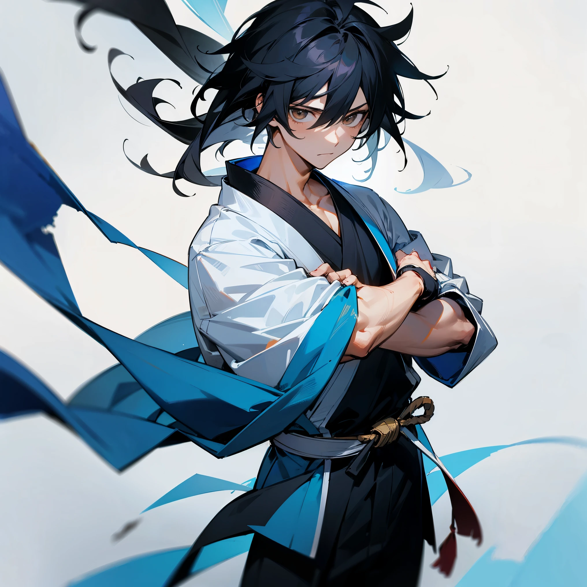 1male , Blue Yukata , Fitted Clothing , Messy Black Hair , Young Male , Dojo Background , Calm Expression , Masterpiece Quality , Perfect Generation , 