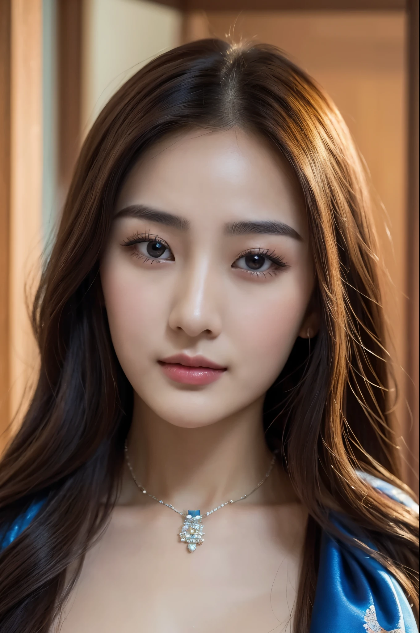 Close-up of a woman wearing a silk scarf and necklace, gorgeous chinese models, She was about 25 years old, she is about 30 years old, 8k selfie photograph, She was about 32 years old, Gorgeous young Korean woman, dilraba dilmurat, Scarf, beautiful Korean women, xintong chen, young cute wan asian face