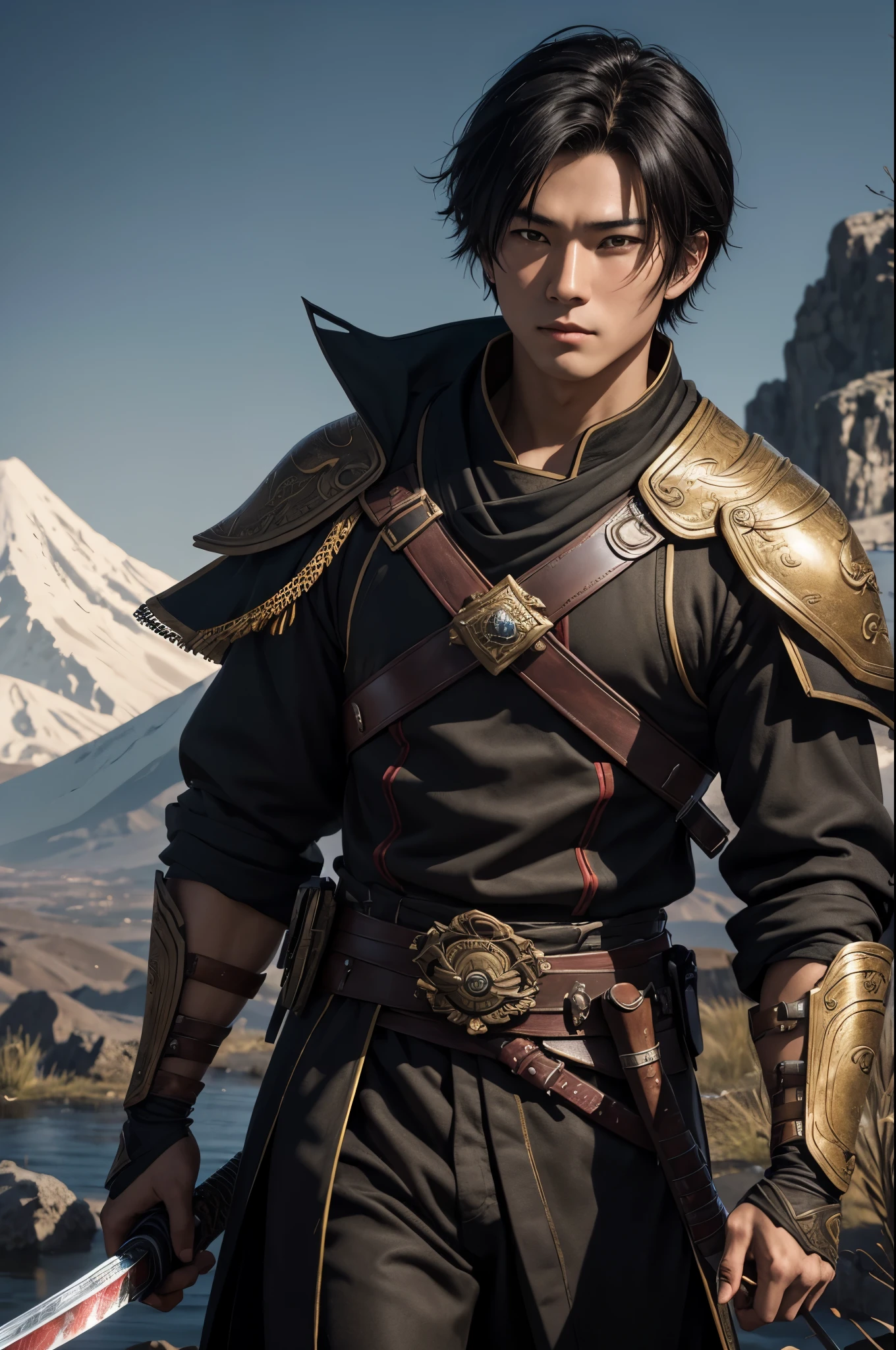 8k、solo、16 year old boy,handsome boy,黒い目をしたhandsome boy,black short bob hair,Black and red exterior,golden decoration(carries a long Japanese sword)、facing there、Remains,amazing work of art、wind effect:1.9、cloud effect:1.2、full rendering、encaustic painting、unreal engine、1Japan sword of the book,An innocent expression,cute boy, masterpiece,Photorealistic RAW photos of the highest quality。bright colors,rich colors, Backlight, cinematic lighting, film grain, to be born, 50mm lens, Nikon D850,realistic skin,detailed character art,ultra high resolution,realistic skin,mountain path,