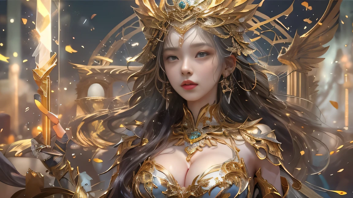 4K, Woman in golden transparent dress,View viewer,(((huge breasts, great cleavage))),slim waist,(exposed navels,bare waist), long hair, very detailed 세부정보,High-end Zhenyi Station, storm scene, detailed fantasy art, amazing character art, Beautiful and exquisite character art, beautiful gold and silver armor, very detailed, girl in shining armor, elaborate tiaras and jewels,crystal jewelry crafts, Milky Way, amazing video, (dynamic stripe, Light Tracks:1.2), vivid colors,