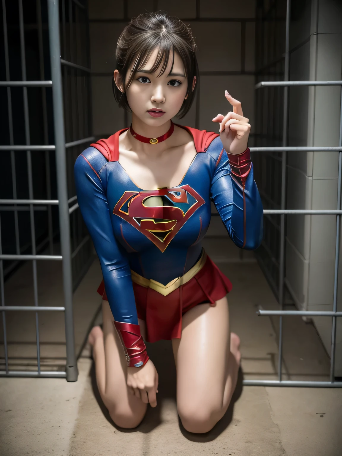 masterpiece、supergirl costume、short hair、barefoot、big and full breasts、Crisis situation、prison、in a cage、imprisonment、prisoner、kneel down、Point to the camera、shiny、looking at camera、Seduce、choker、long sleeve、red sexy pose、POW camps