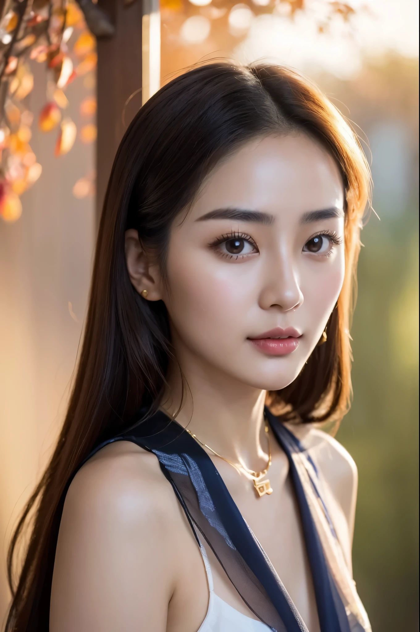 Close-up of a woman wearing a silk scarf and necklace, gorgeous chinese models, She was about 25 years old, she is about 30 years old, 8k selfie photograph, She was about 32 years old, Gorgeous young Korean woman, dilraba dilmurat, Scarf, beautiful Korean women, xintong chen, young cute wan asian face