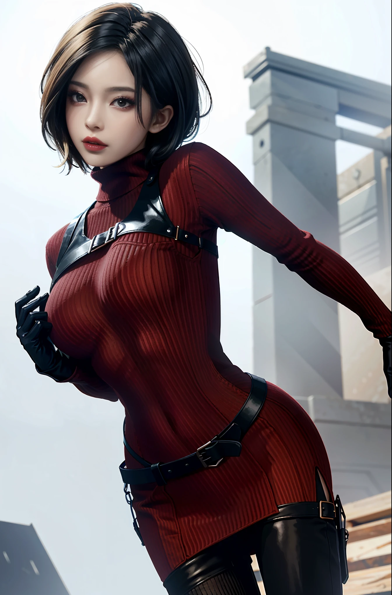 (masterpiece, best quality)
AdaWongRE,  1girl, solo, breasts, looking at viewer, short hair, large breasts, black hair, gloves, brown eyes, multicolored hair, belt, two-tone hair, sweater, lips, bodysuit, makeup, lipstick, ribbed sweater, realistic
