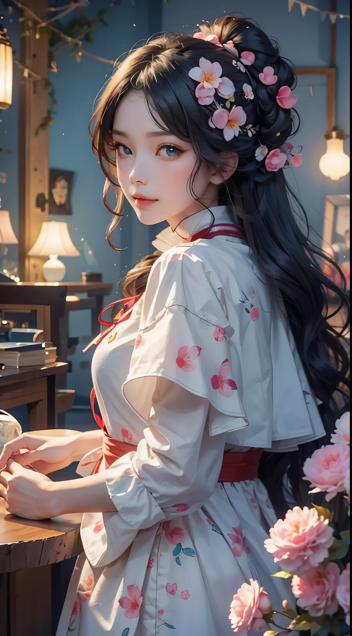 (best quality,4k,8k,high resolution,masterpiece:1.2),Super detailed, moon， cloud，night， 1 girl，Smile、black hair color hair、bun、red lips、stable、intelligence, hairpin, hair flower，blue eyes，long hair，hydrangea，side fringe ，solo， station，draw one（curly），traditional media， high quality，Peach blossom background。