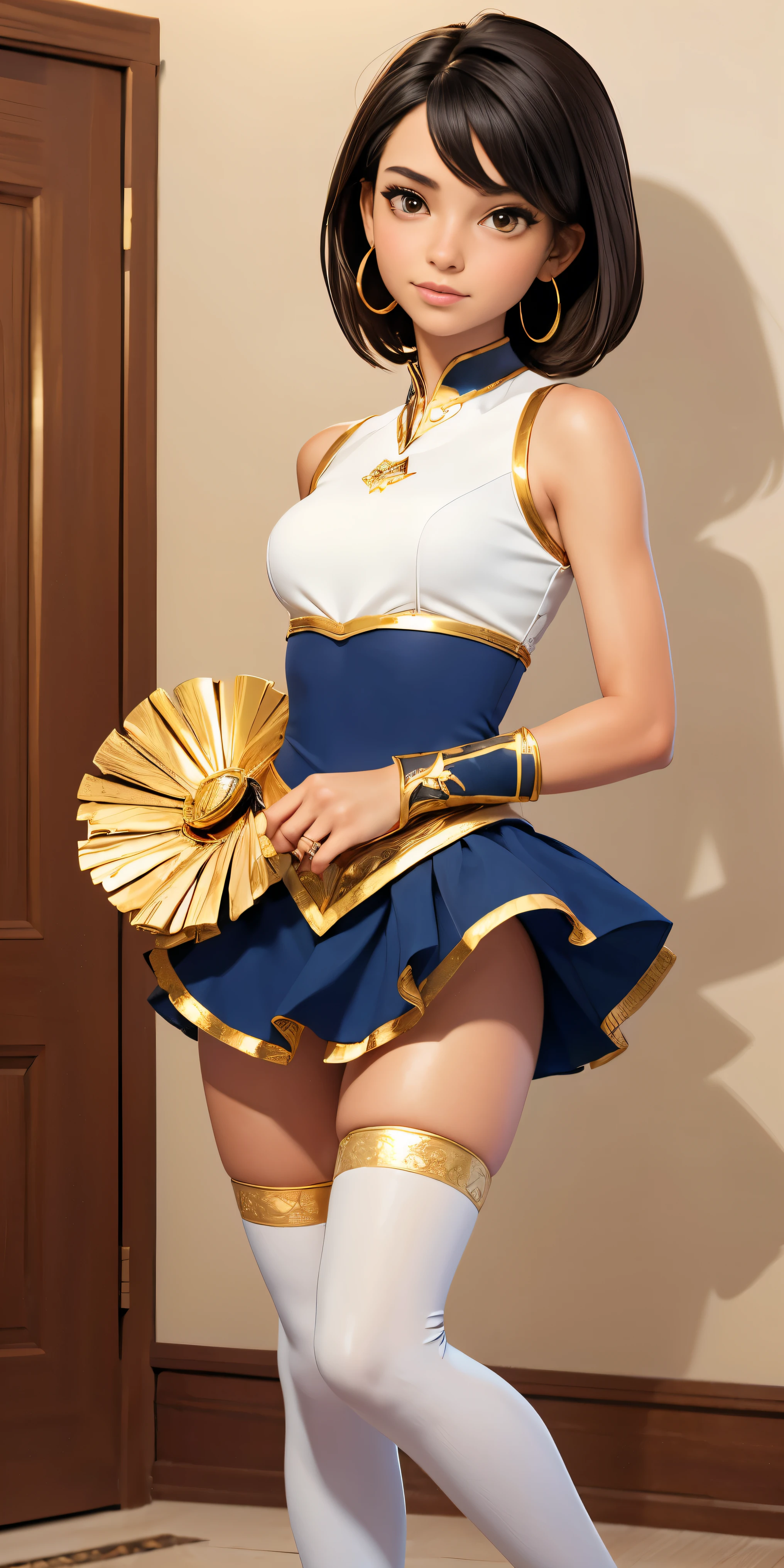 ((((masterpiece)))), high quality, very_high_resolution, large_filesize, full color, gold eyes, brown eyes, cute, adorable, beautiful, high contrast, 5 fingers, slim body, bobbed haircut, hoop gold earrings, black hair, small breasts, full body display, blue white and gold cheerleader outfit, white thigh high socks, 18 year old, realistic