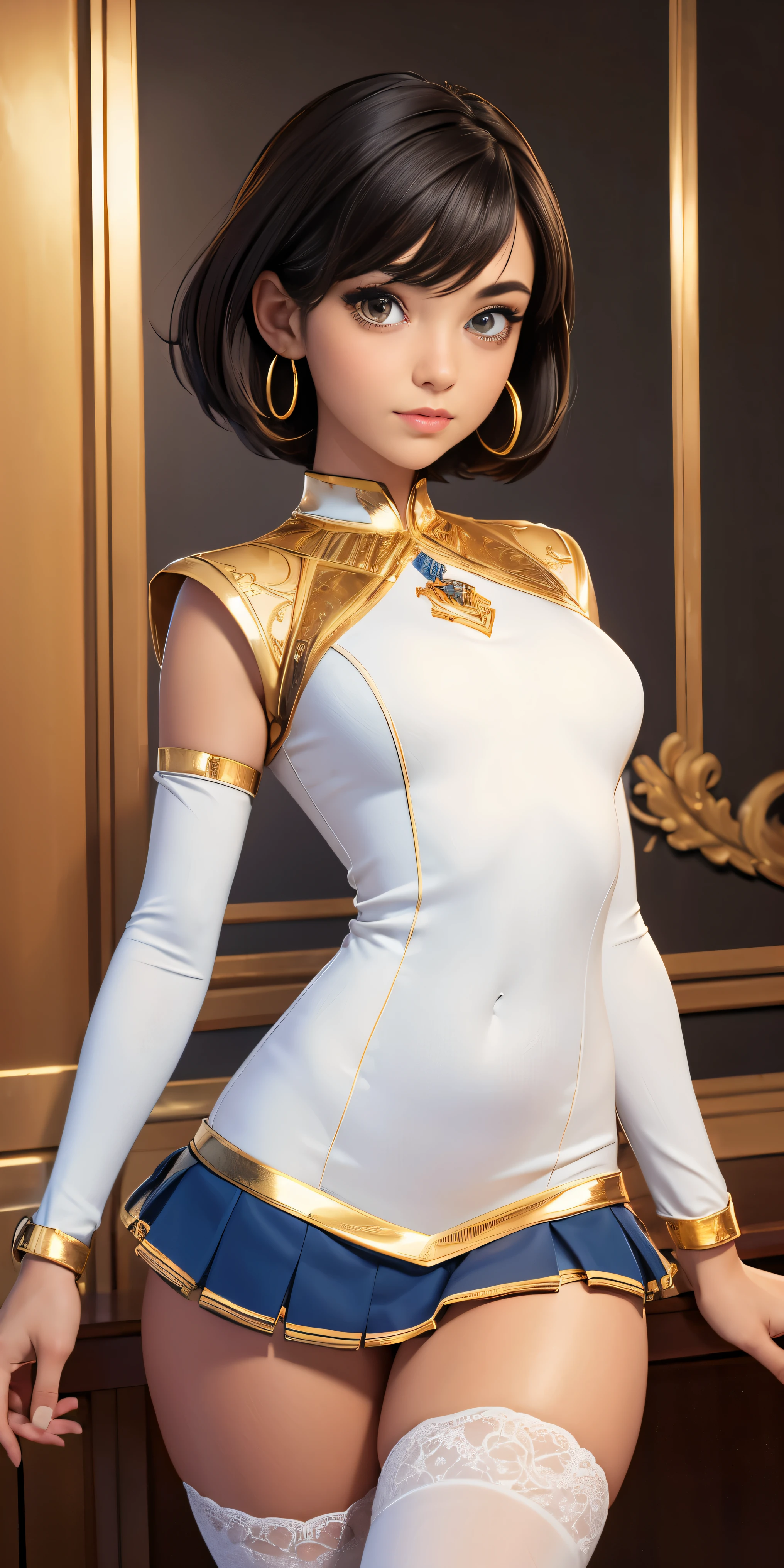 ((((masterpiece)))), high quality, very_high_resolution, large_filesize, full color, gold eyes, brown eyes, cute, adorable, beautiful, high contrast, 5 fingers, slim body, bobbed haircut, hoop gold earrings, black hair, small breasts, full body display, blue white and gold cheerleader outfit, white thigh high socks, 18 year old, realistic, detailed eyes, perfect eyes, beautiful eyes, detailed iris, 