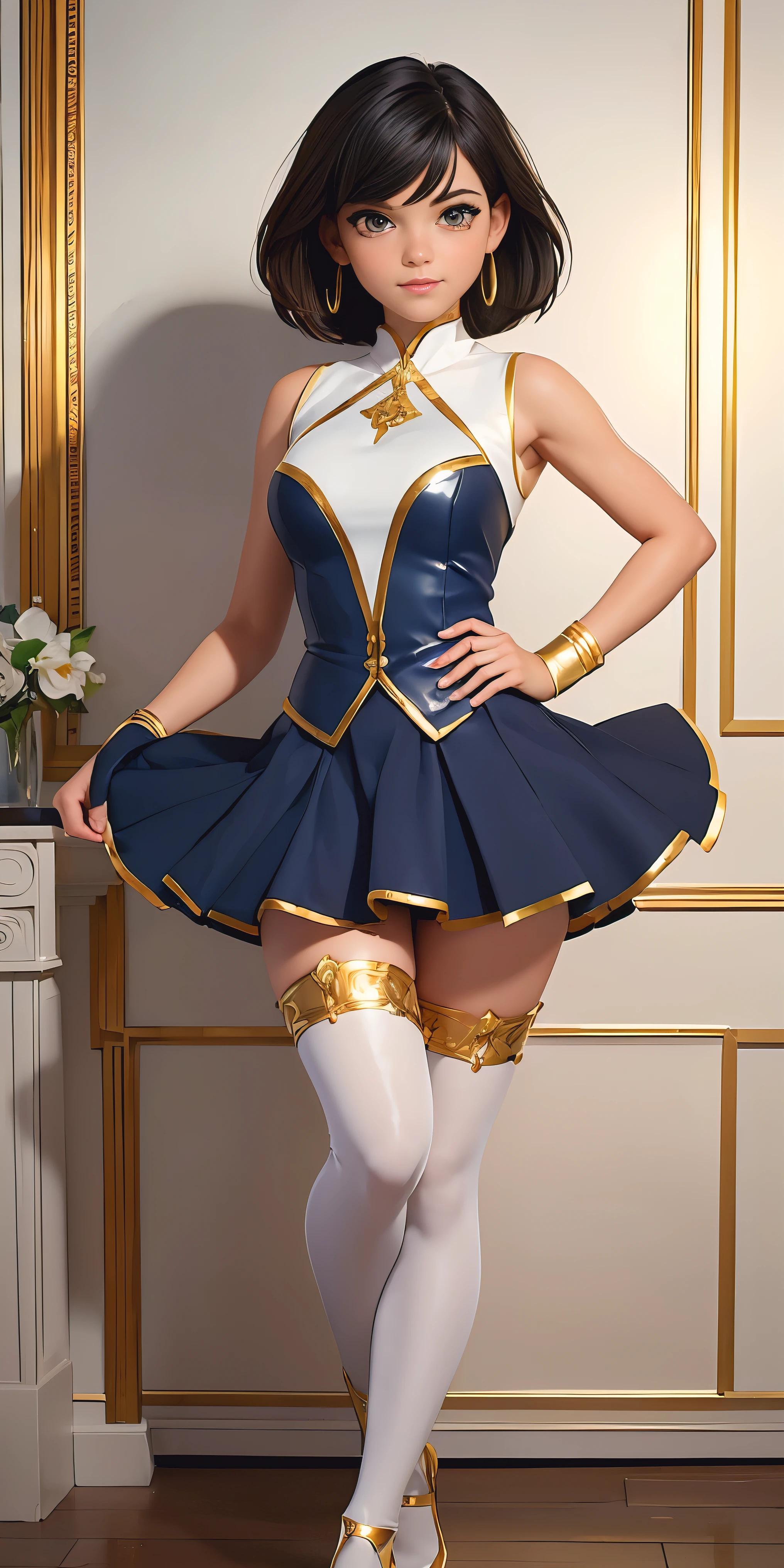 ((((masterpiece)))), high quality, very_high_resolution, large_filesize, full color, gold eyes, brown eyes, cute, adorable, beautiful, high contrast, 5 fingers, slim body, bobbed haircut, hoop gold earrings, black hair, small breasts, full body display, blue white and gold cheerleader outfit, white thigh high socks, 18 year old, realistic, detailed eyes, perfect eyes, beautiful eyes, detailed iris, 