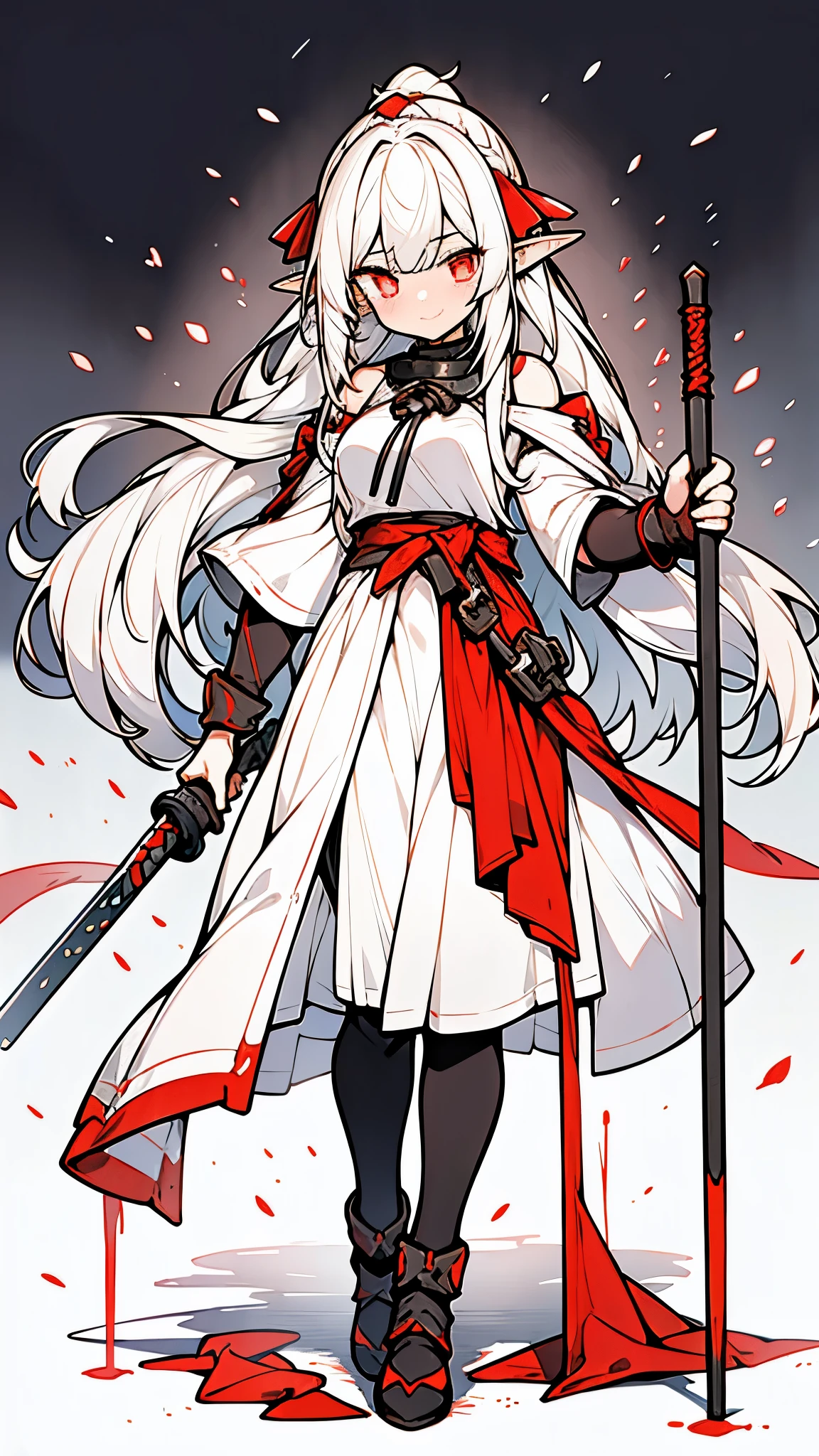 a girl，tear nevus，Black hand armor，Poorly white skin，bloodless skin，pointed ears，direction，red highlighter， very long white hair, flowing hair，red braid，Soak hair,Tips are highlighted in white, peach blossom eyes,White giant eyes，Beast pupils，red tears，laugh out loud，Grinning，laugh at，Lick your fingers，Neck suture scars，The whole body is wrapped in white bandages，black leggings，collar，black chain,，Conservative red Hanfu，falling petals，soaked clothes，黑色的剑向四面八direction散去，Create mottled shadows, Her hair swaying gently in the breeze, A mocking expression appeared on her face(best quality,4k,8k,high resolution,masterpiece:1.2), Super detailed, (actual,lifelike,照片般lifelike:1.37), high dynamic range, Ultra high quality, studio lighting, Ultra-fine painting, sharp focus, Physically based rendering, extremely detailed description,