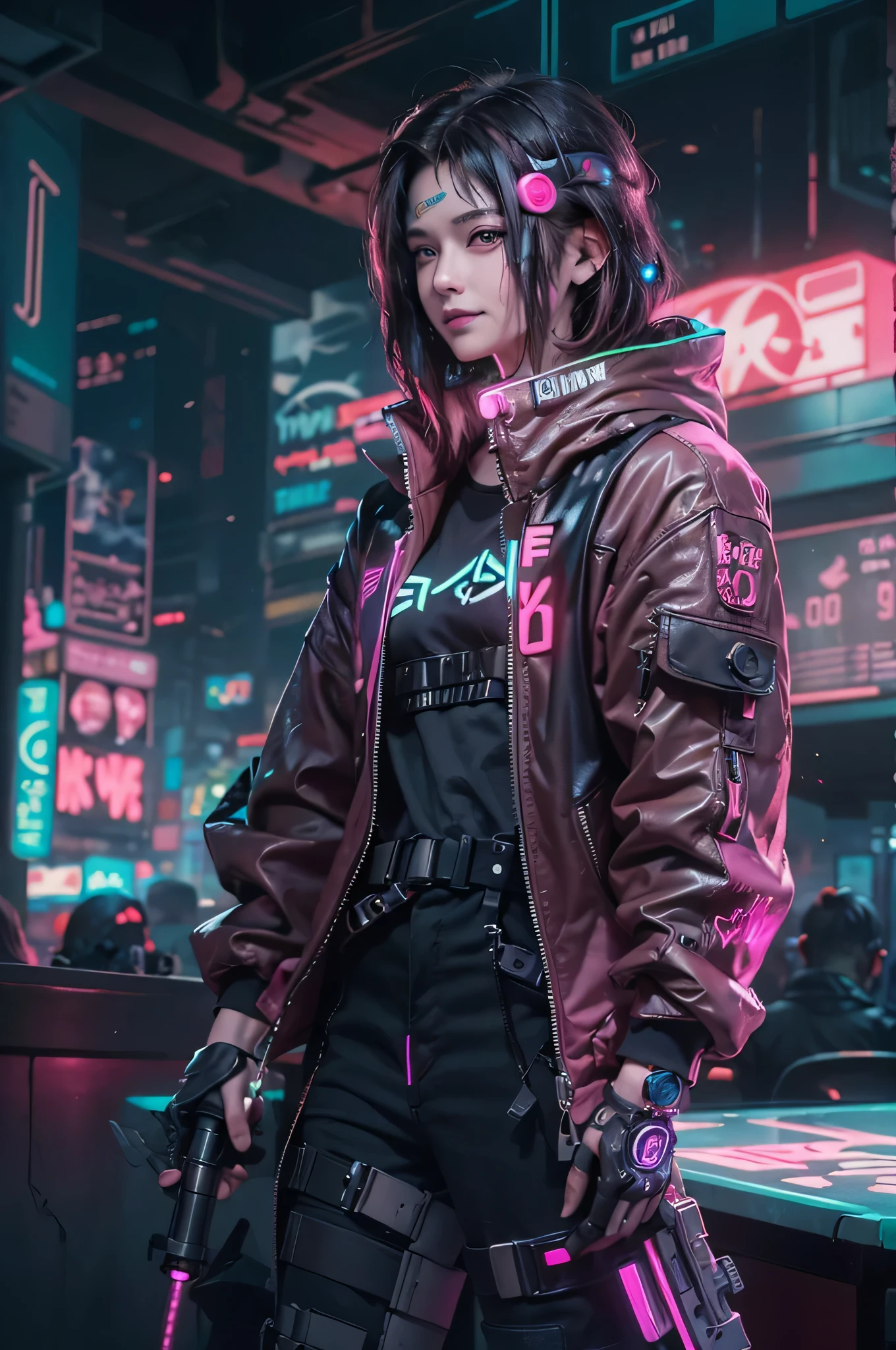 1male people、(A handsome man:1.4)、(A confident smile:1.2)、(30 age old)、(brunette color hair)、(Top image quality)、(8K picture quality)、(cyber punk perssonage)、(masutepiece)、(Wear a military uniform with a shiny cyberpunk hood)、(A confident smile:1.2)、(Full body photo)、(Liquor drink)、cinematric light, Cinema Shadow, Sharp images, Extremely detailed, volumetr, bright sprite, Particle effect, beautiful effects, Vivid colors, neonlight, (pink neon lights:1.5), Highly detailed image textures, detailed hairs, Detailed face, Detailed eyes, Full body photo, ((Cyberpunk bar))、Dark hair、Flashing red light、Photo from the knee up、beautiful effects, Vivid colors, Highly detailed image textures, detailed hairs, Detailed eyes,(cyberpunk city landscape:1.5)、