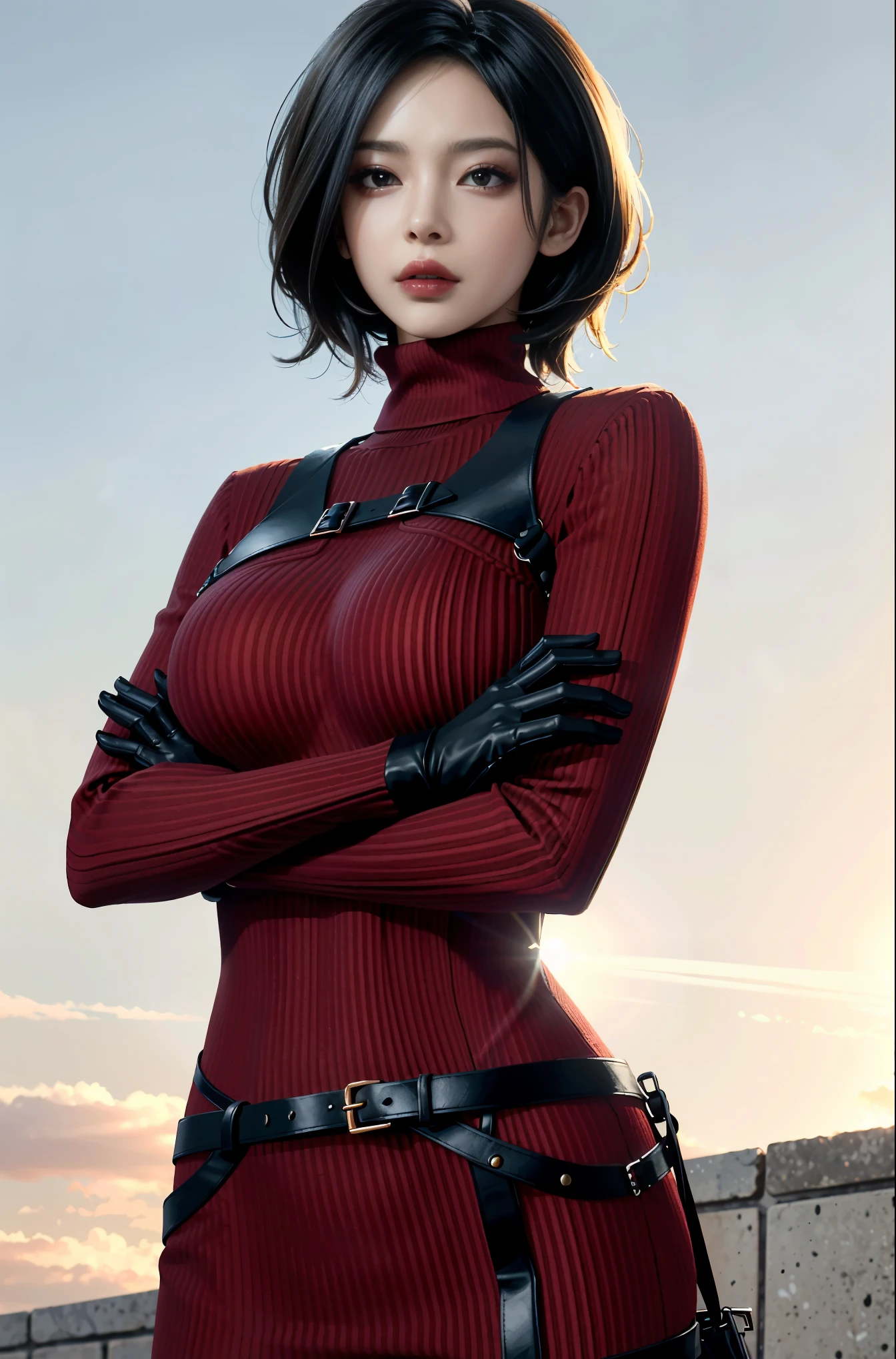 (masterpiece, best quality)
AdaWongRE,  1girl, solo, breasts, looking at viewer, short hair, large breasts, black hair, gloves, brown eyes, multicolored hair, belt, two-tone hair, sweater, lips, bodysuit, makeup, crossed arms, lipstick, ribbed sweater, realistic
