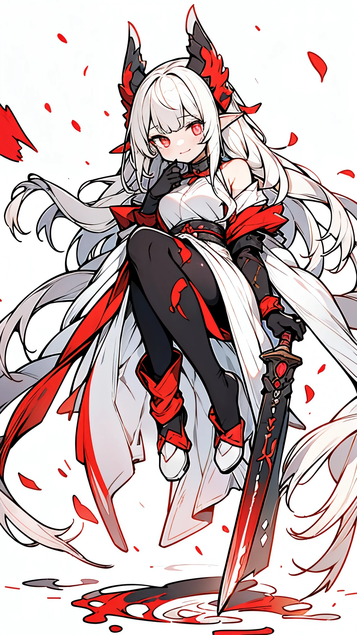 a girl，tear nevus，Black hand armor，Poorly white skin，bloodless skin，pointed ears，direction，red highlighter， very long white hair, flowing hair，red braid，Soak hair,Tips are highlighted in white, peach blossom eyes,White giant eyes，Beast pupils，red tears，laugh out loud，Grinning，laugh at，Lick your fingers，Neck suture scars，The whole body is wrapped in white bandages，black leggings，collar，black chain,，Conservative red Hanfu，falling petals，soaked clothes，黑色的剑向四面八direction散去，Create mottled shadows, Her hair swaying gently in the breeze, A mocking expression appeared on her face(best quality,4k,8k,high resolution,masterpiece:1.2), Super detailed, (actual,lifelike,照片般lifelike:1.37), high dynamic range, Ultra high quality, studio lighting, Ultra-fine painting, sharp focus, Physically based rendering, extremely detailed description,