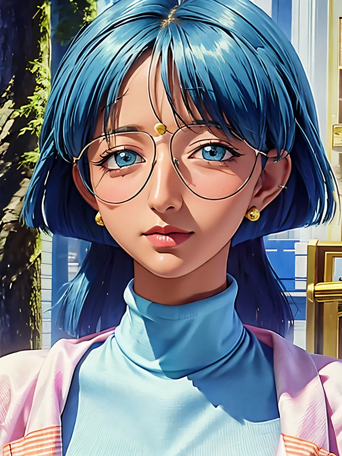 (masterpiece, best quality:1.2),Bobby Lou Lowal,1 girl, alone,,Eyes are exquisite and exquisite,Exquisite blue hair color，short hair，( Wearing a sexy sweater:1.2)，too big,glowing skin，dark skin，wear glasses，earrings（（（happy expression）））blush，pastel tones，超big breasts,big breasts，large breast size，big breasts, Breasts are very，pink lips