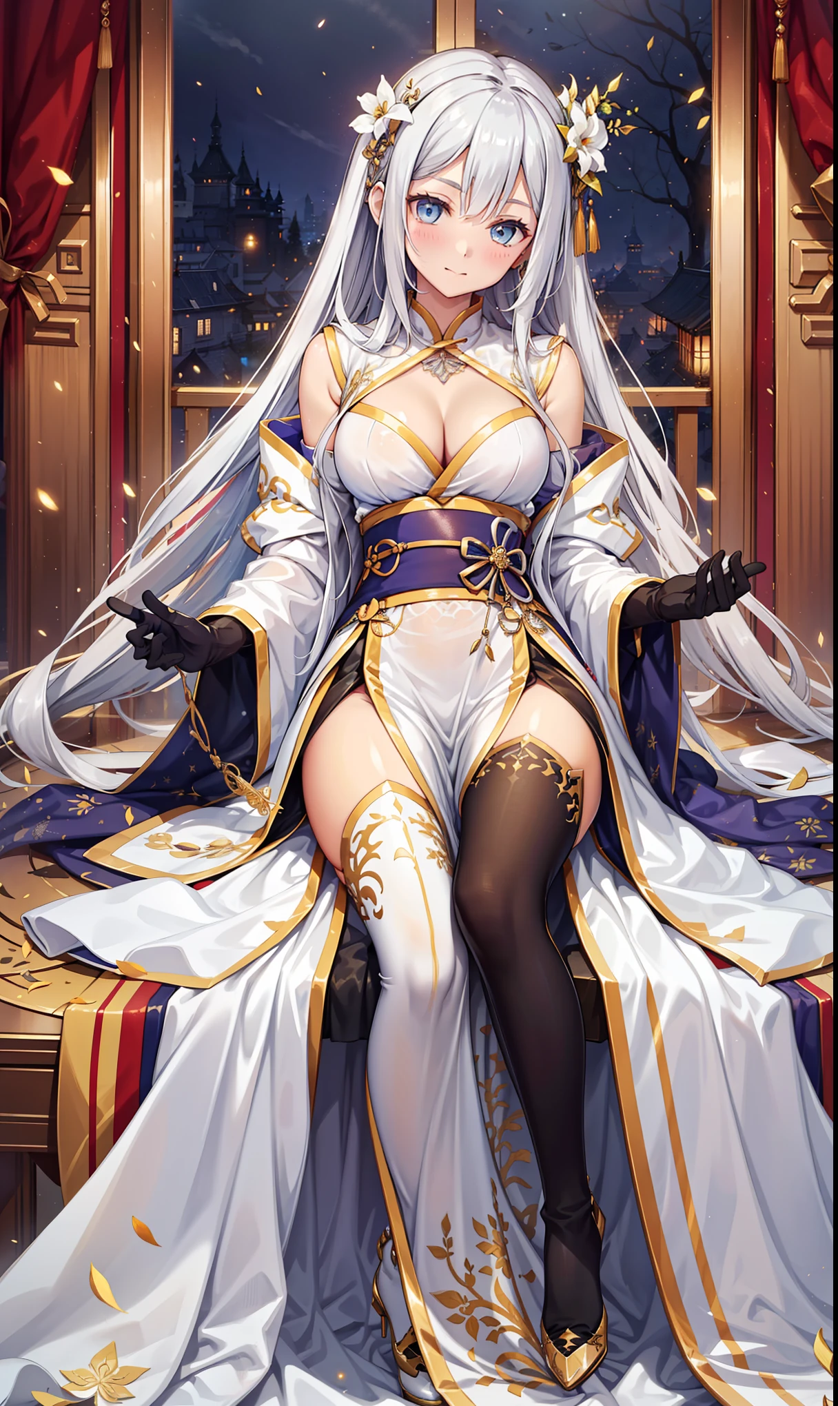 Virgin,Elegant and charming,hapiness,gentle expression,in love,(Transparent colorful Hanfu,Sophisticated and gorgeous design),black gloves,silver hair,blue eyes,see through transparent clothes,Exquisite hair accessories,Transparent lace,Engraving pattern,dress nicely,The background is an old Chinese palace,Inside the hall,elegant posture,night,Black suspender boots,Super super details,Divine magic,light particles,Exquisite and beautiful face and eyes