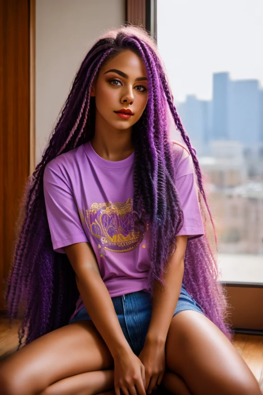 (best quality:1.2),ultra-detailed,(realistic:1.37),vivid colors,portrait,lonely girl,long braided hair,curly purple hair,light purple hair,beautiful bright red eyes,baggy t-shirt,sitting on the floor,at home,provocative face,studio lighting
