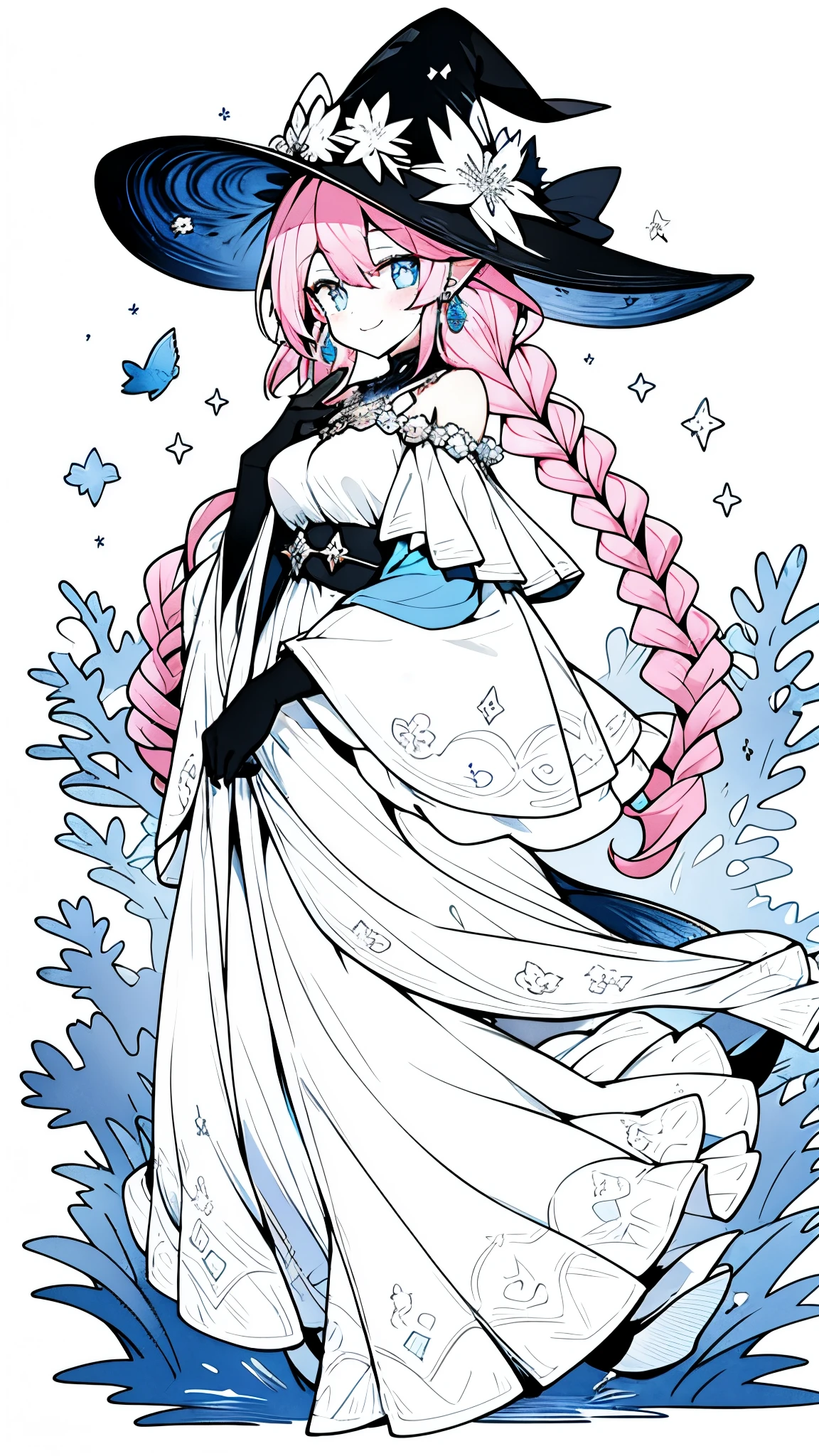 ((masterpiece:1.4,best quality))+,(Ultra-detailed)+,(super detailed eyes)+,(pointed ears:1.5),
(cute girls),,(Golden-green heterochromatic pupils:1.15),Long pale pink hair,long braids,Thick hair(Variza:1.2),Pale complexion,Smile,一個誘人的Smile,pink halo,
(She is wearing a conservative blue lavender dress,red pattern,lace:1.5),(black gloves:1.4)The sleeves are very long,
black earrings,mermaid,coral,Menghua,gemstone jewelry,Ocean of fish and trees,withered straw hat,Conch headdress,Greatsword,
(fish tail:1.1),
(Dawn light:1.2),
(Thick black and white:1.16),(depth of field:1.4),,intricate details,